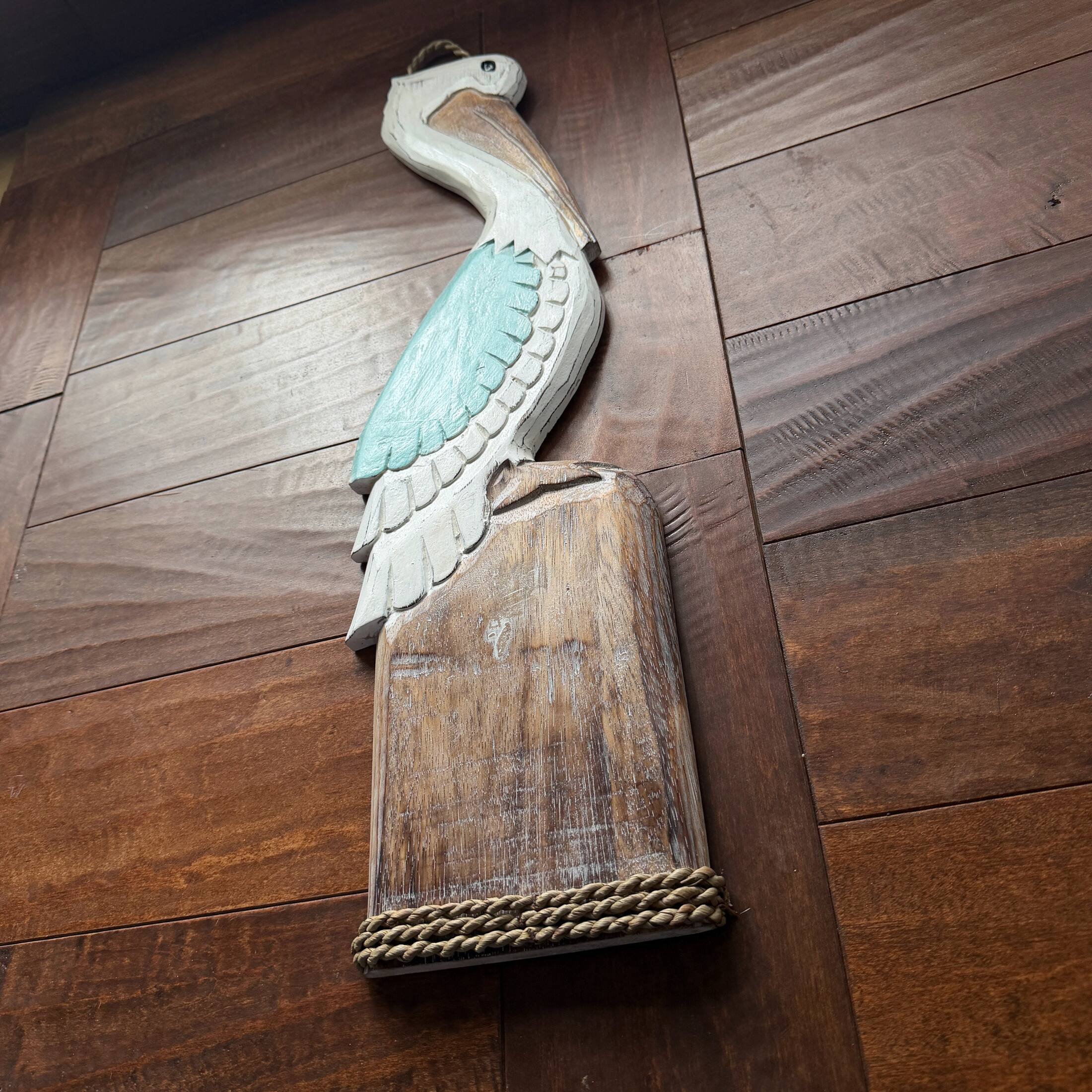 Alt View 5. Chesapeake Bay - Hand Carved Wood Pelican Wall Plaque Aqua Coastal Rope Accent 24 Inch - Aqua.