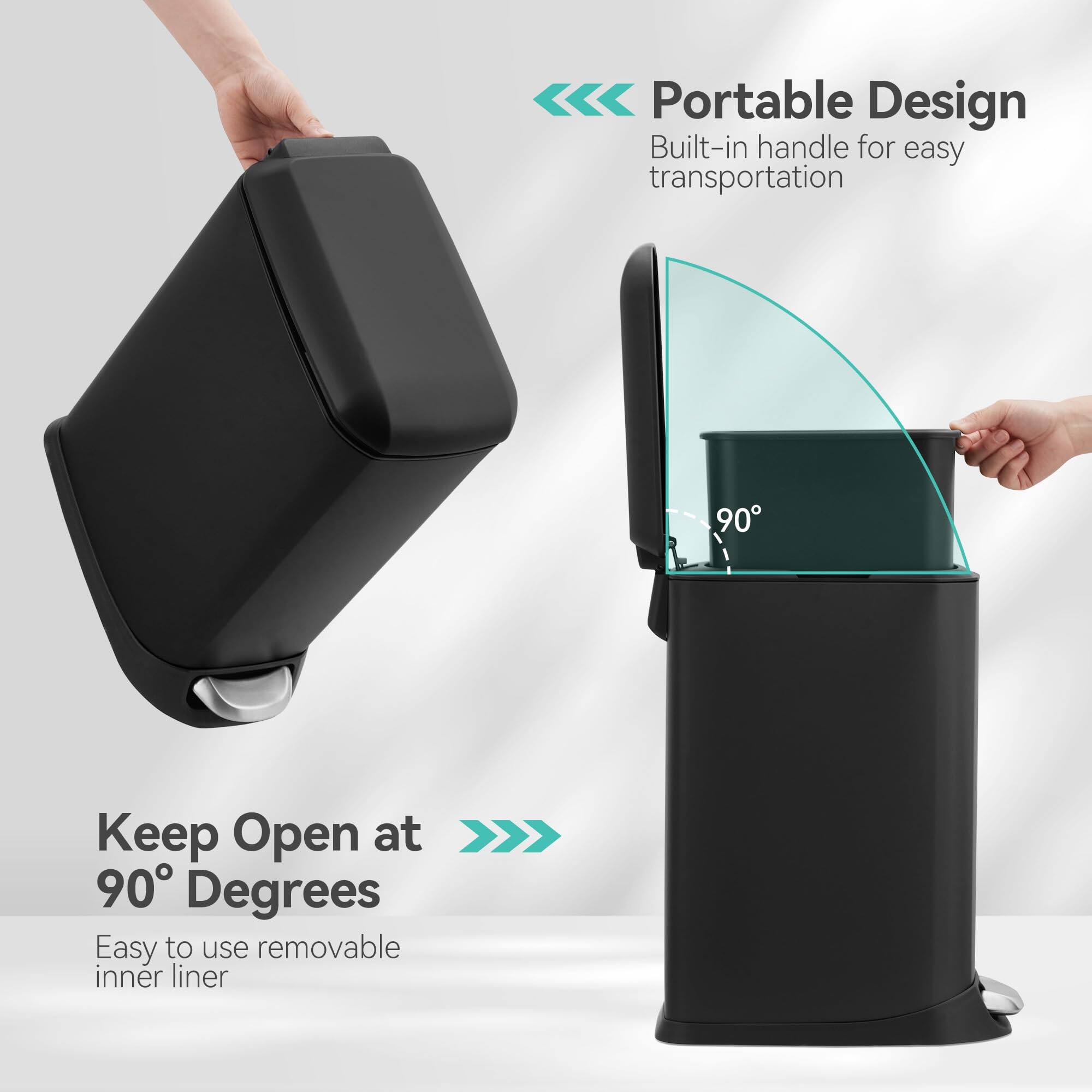 - Portable Design
  - Built-in handle for easy transportation

- Keep Open at 90° Degrees
  - Easy to use removable inner liner