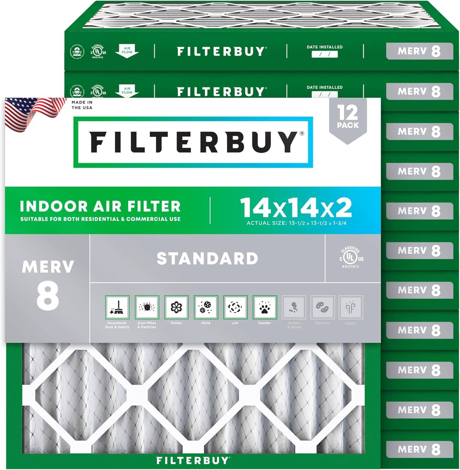 Filterbuy - 14x14x2 MERV 8 Dust & Allergy Defense, Electrostatic Pleated HVAC AC Furnace Air Filters Replacement (12-Pack) - Silver