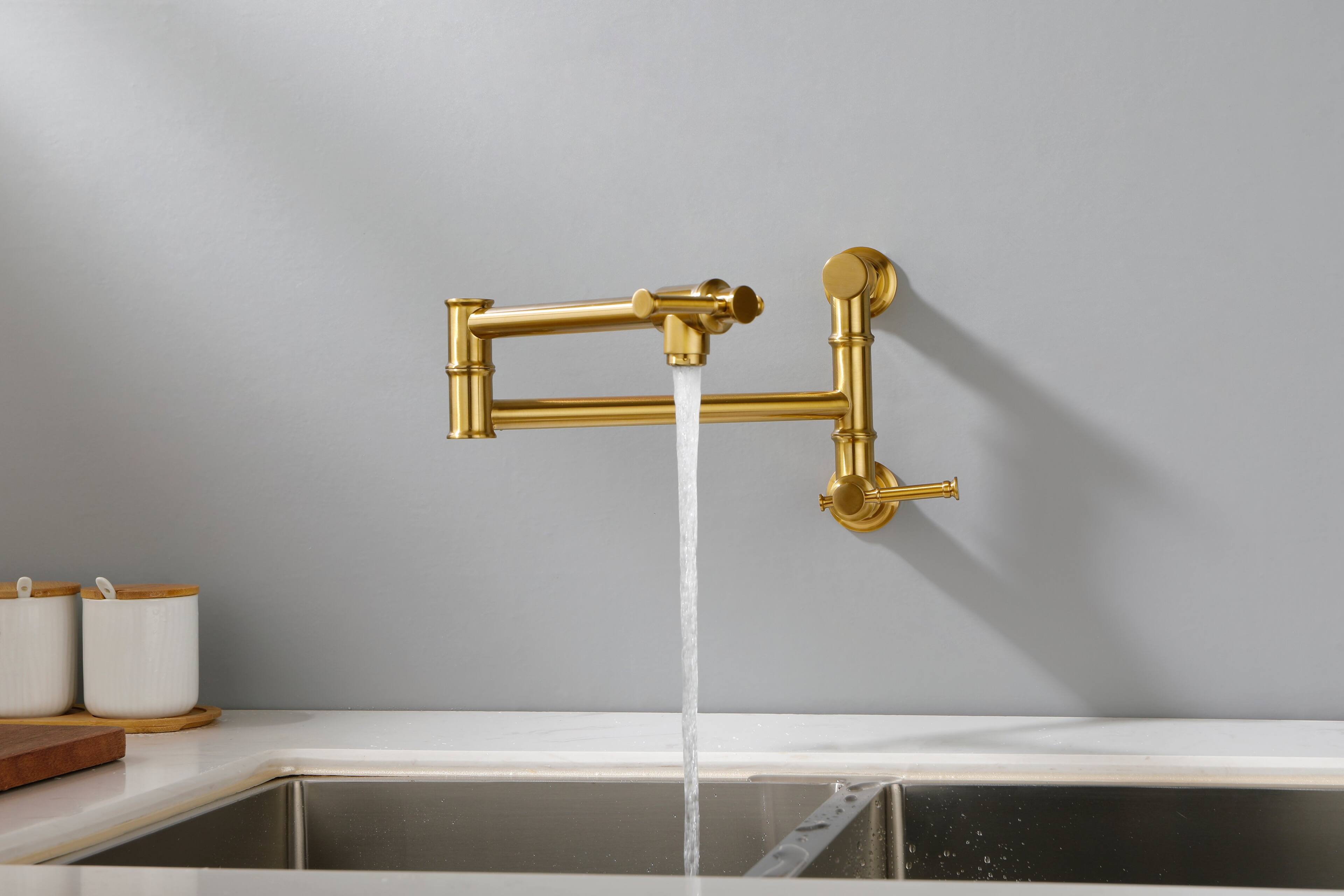 Alt View 8. Siljoy - Wall Mount Pot Filler Faucet Modern Brass Pot Filler Two-Attachment Wall Mount Folding Kitchen Pot Filler Swing Arm - Gold.