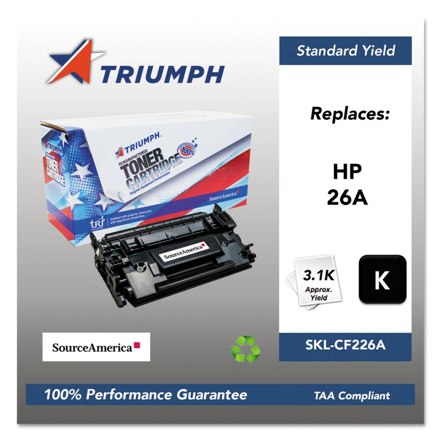TRIUMPH Standard Yield TONER CARTRIDGE  
100% REMANUFACTURED TONER  
SourceAmerica Replaces: HP 26A  
SourceAmerica SKL-CF226A  
3.1K Approx. Yield  
100% Performance Guarantee  
TAA Compliant