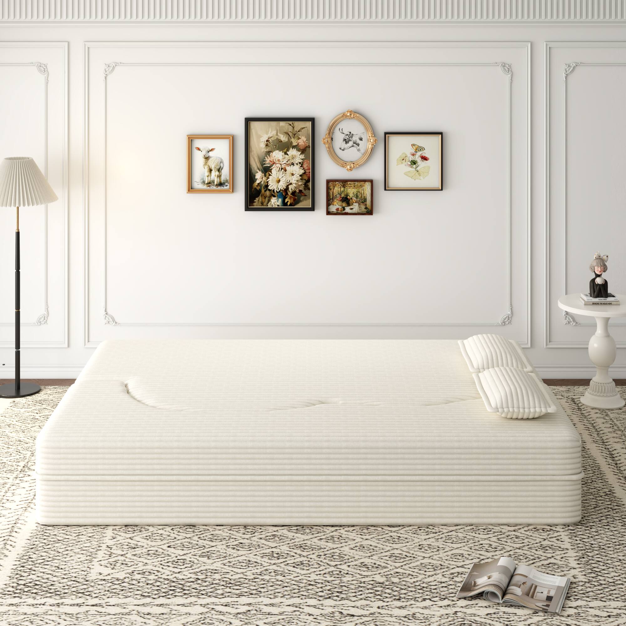 Left. GOODSILO - Convertible Plush Corduroy Floor Sleeper Sofa with Dual Pillows for Living Room and Guest Use - Beige+White.