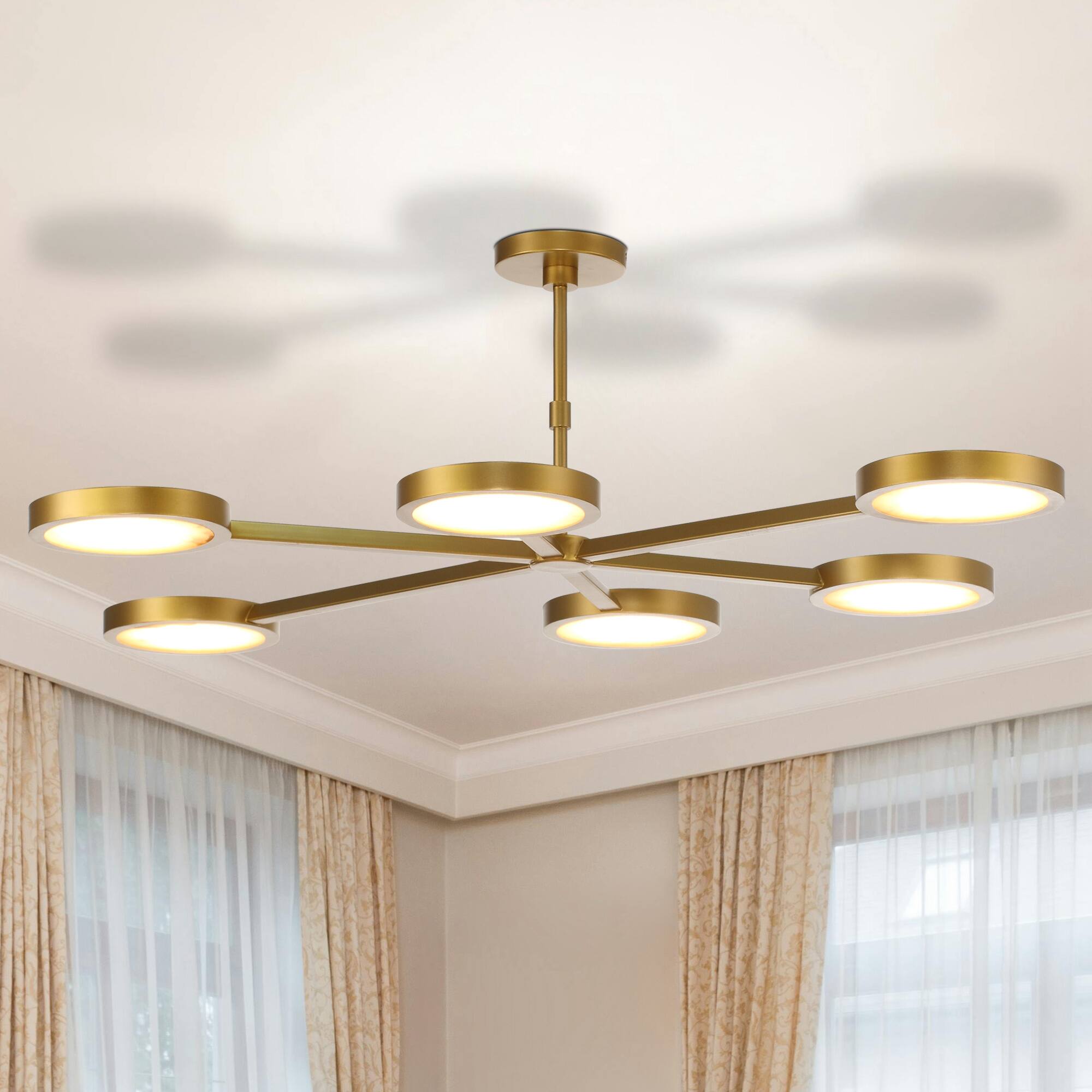 Front. Perimost - 50'' Modern Gold six Round LED Pannel Ceiling Light - Gold.