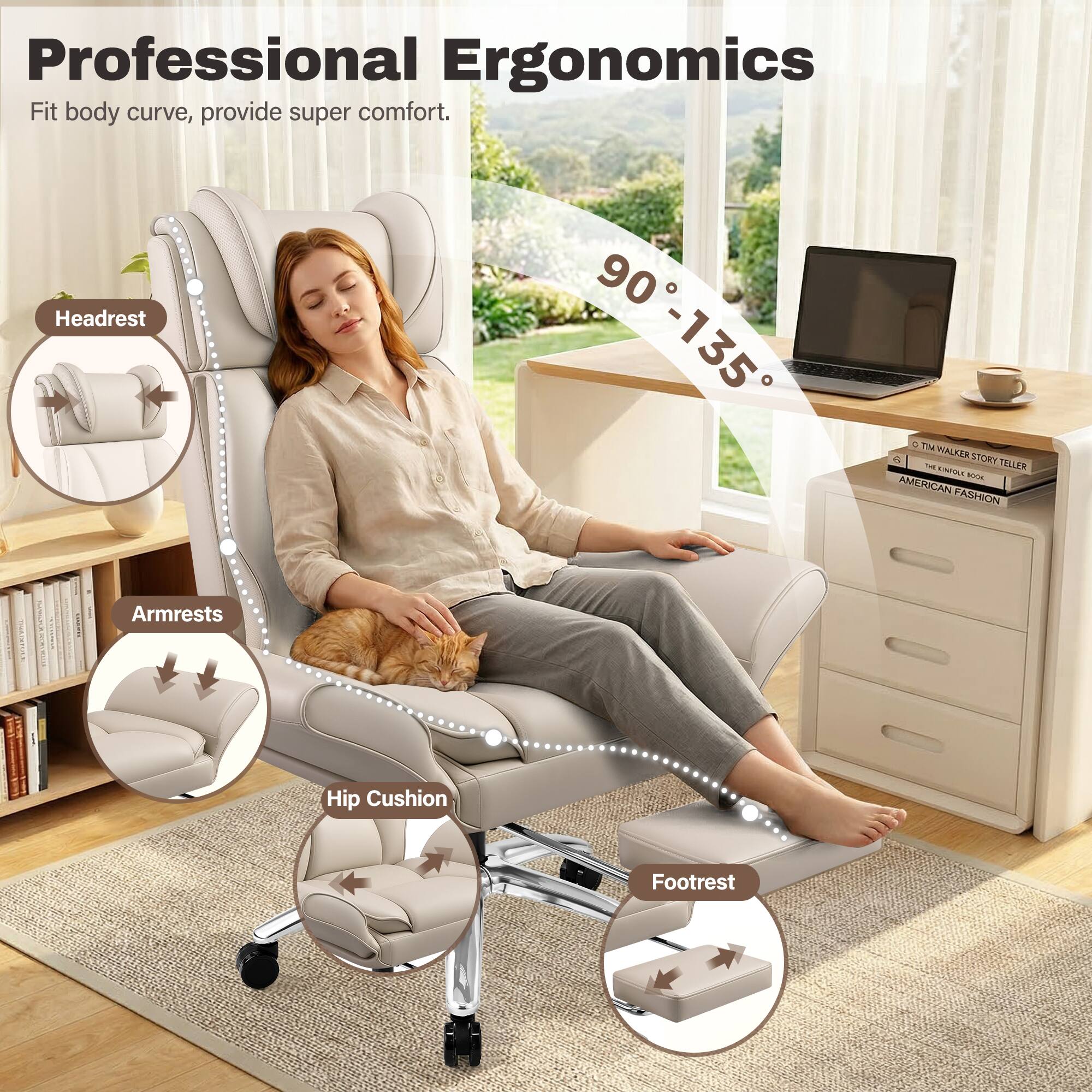 Professional Ergonomics  
Fit body curve, provide super comfort.  

Headrest: 90° - 135°  

Armrests  
Hip Cushion  
Footrest  

TM HALKER STORY - TELLER  
KIE AMERICAN FASHION