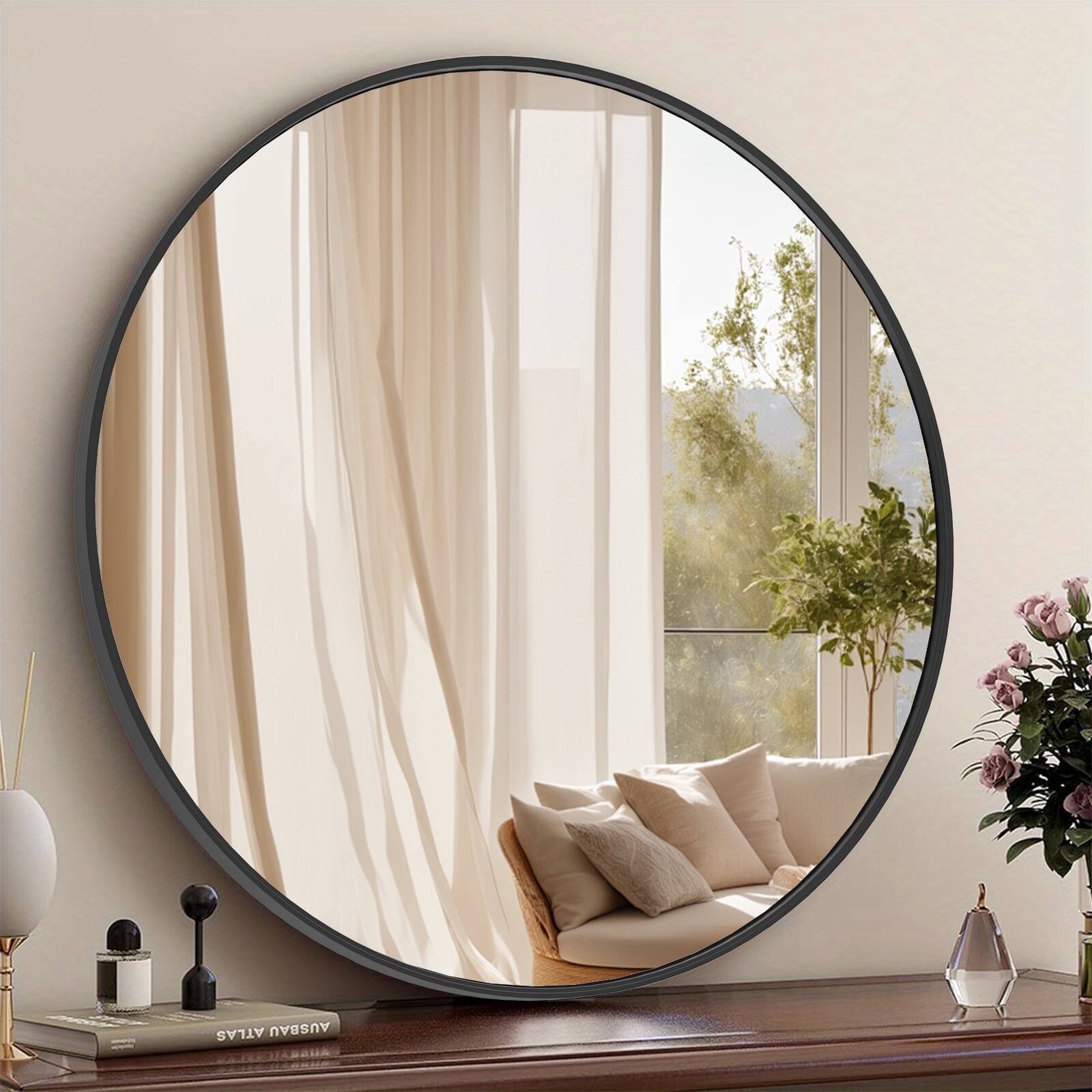 AOITUN - 24" Round Circle Wall Mirror, Thin Frame HD Glass for Bathroom, Bedroom, Vanity, Black