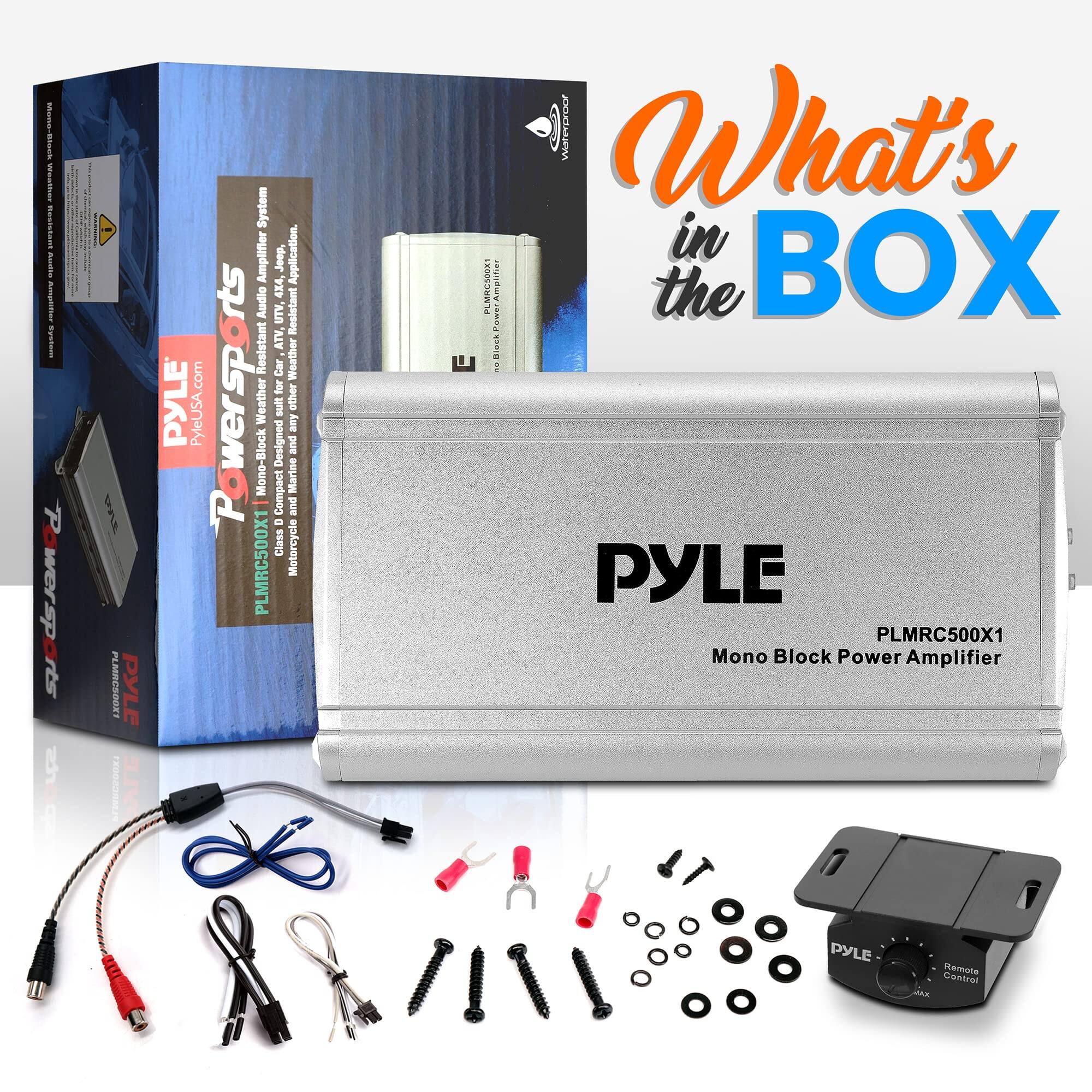 PYLE Power Block Mono-Bloc Amplifier System

- Designed for Jeep, ATV, UTV, Motorcycle, and other Powersports
- Weather Resistant
- Compact Marine Class
- Waterproof
- Mono-Bloc Amplifier
- Remote Control Included

PYLE PLMRC500X1 Mono Block Power Amplifier

- What's in the BOX
- PYLEUSA.com