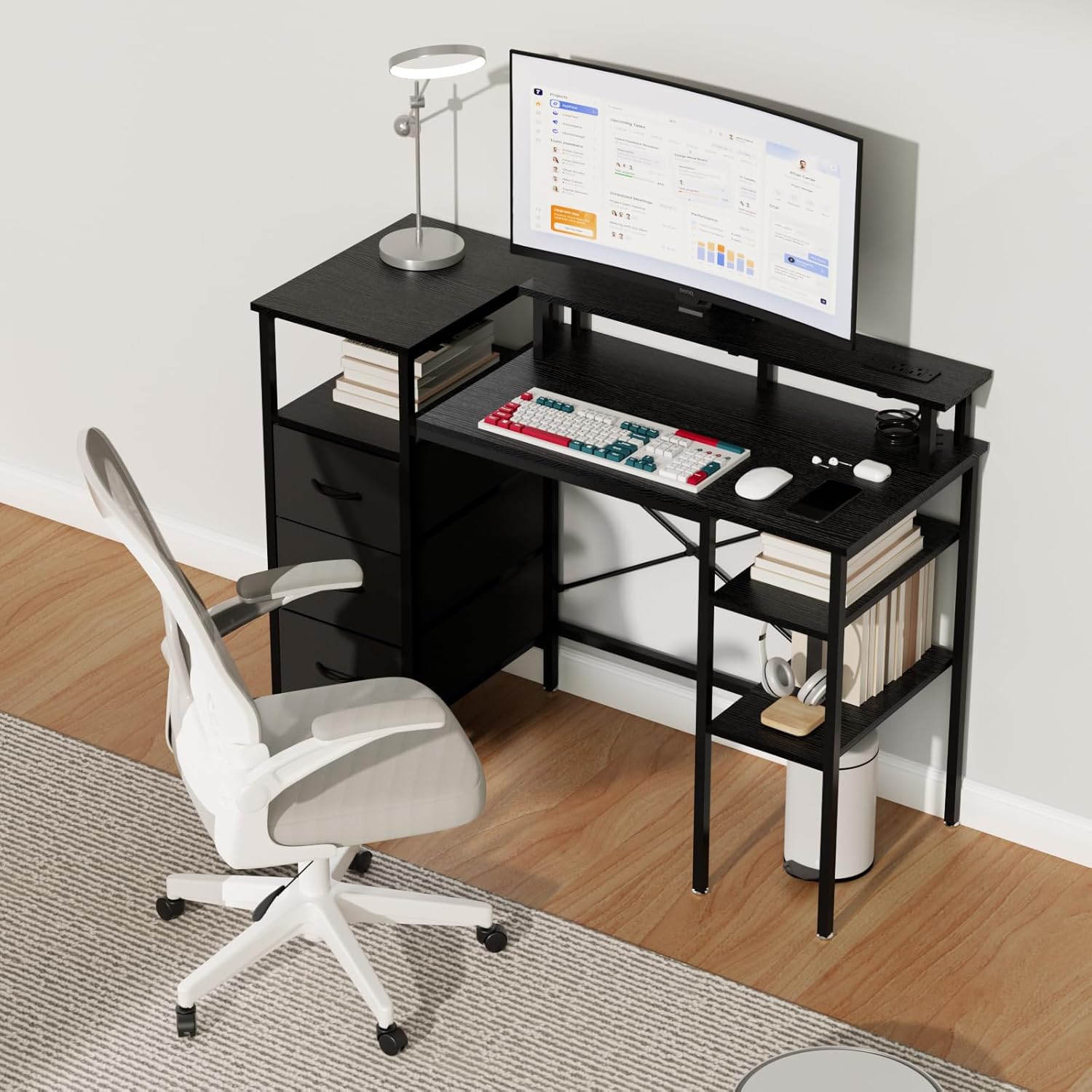 Alt View 7. Winado - 47" L-Shaped Computer Gaming Desk with Fabric Drawers & Storage Shelves,Charging Station,Monitor Stand for Home Office - Black.