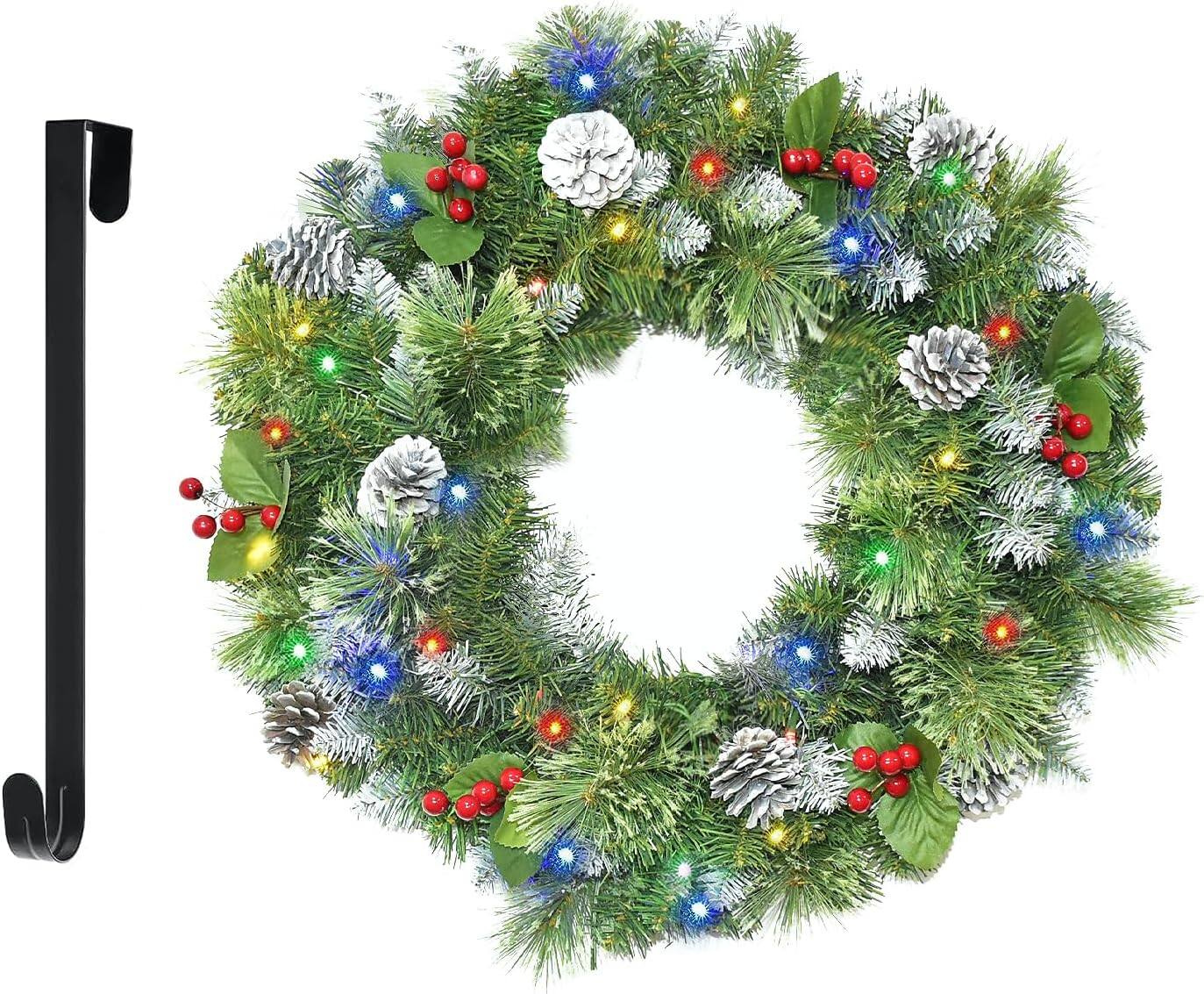 Front. Wikistore - WIKISTORE 24Inch Battery Operated Christmas Wreath with 40 LED Lights 8 Modes Timer - Green.