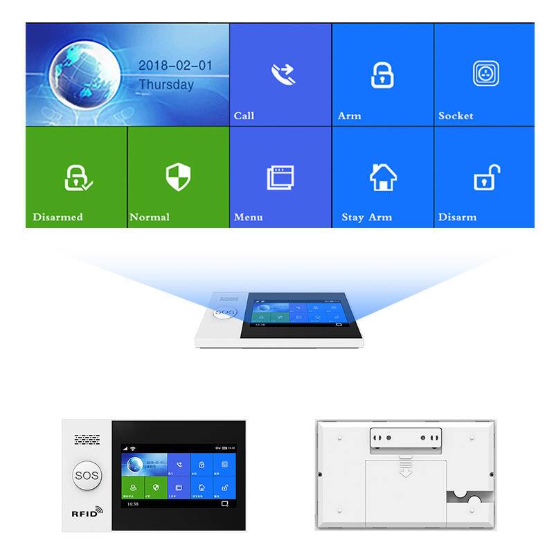 2018-02-01 Thursday  
Call  
Arm  
Socket  
Disarmed  
Normal  
Menu  
Stay Arm  
Disarm  
SOS  
RFID
