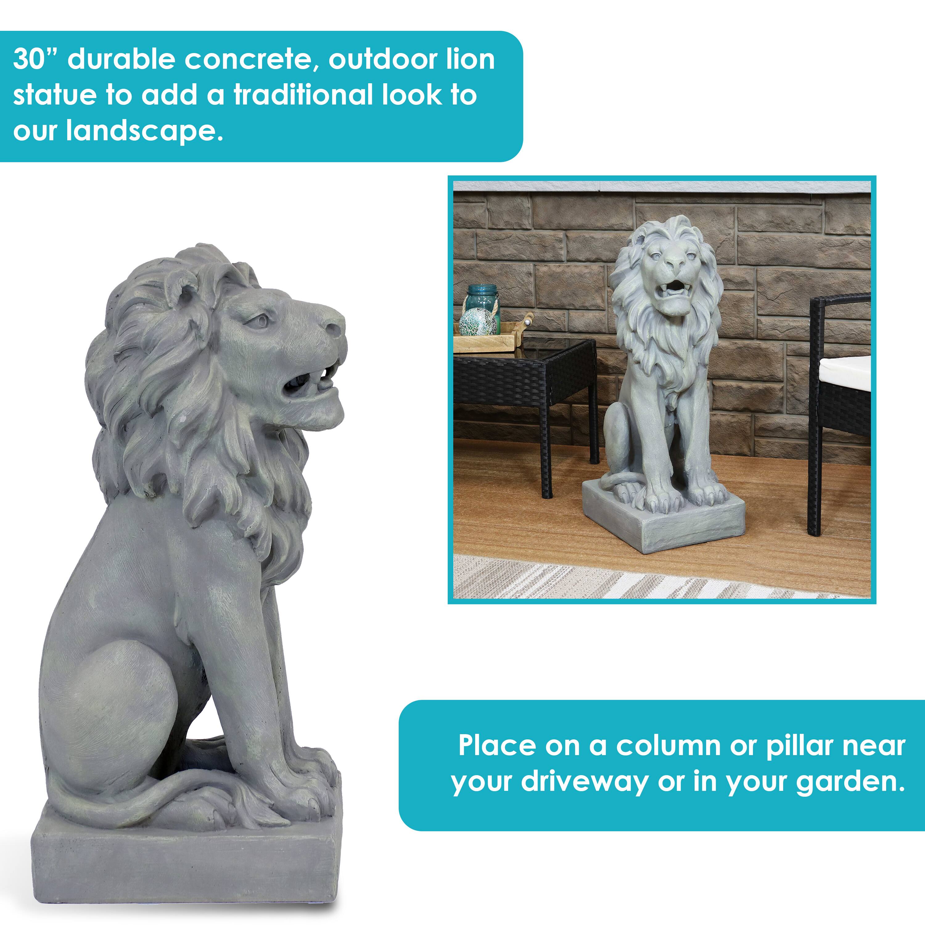 30" durable concrete, outdoor lion statue to add a traditional look to our landscape.

Place on a column or pillar near your driveway or in your garden.