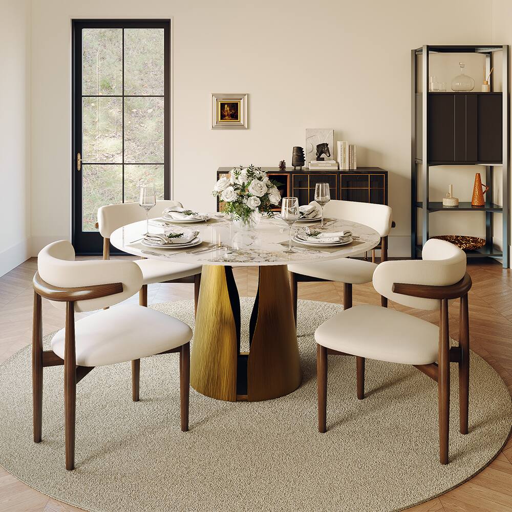 Angle. POVISON - 47" Modern Round Kitchen Dining Table for 4, Glossy Pandora Sintered Stone Tabletop whit Solid Bronze Carbon Steel Base - Pandora & Bronze Steel Base.