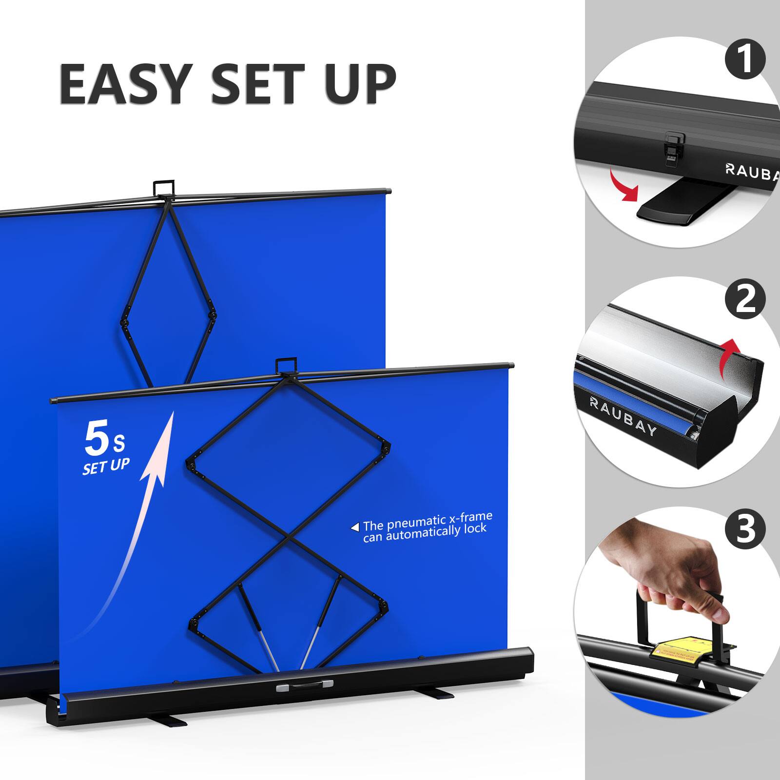 EASY SET UP
1 RAUBAY
2 5 S SET UP
3 RAUBAY pneumatic x-frame The lock can automatically lock