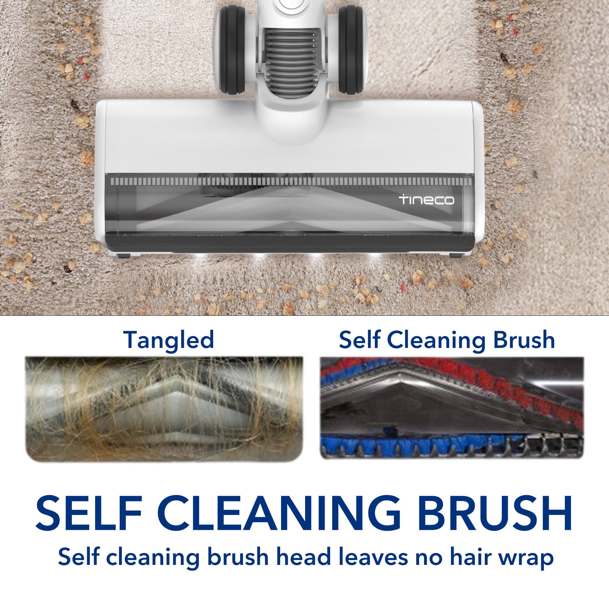 The text on the image is grouped and corrected as follows:

"tineco Tangled Self Cleaning Brush: Self-cleaning brush head leaves no hair wrap."