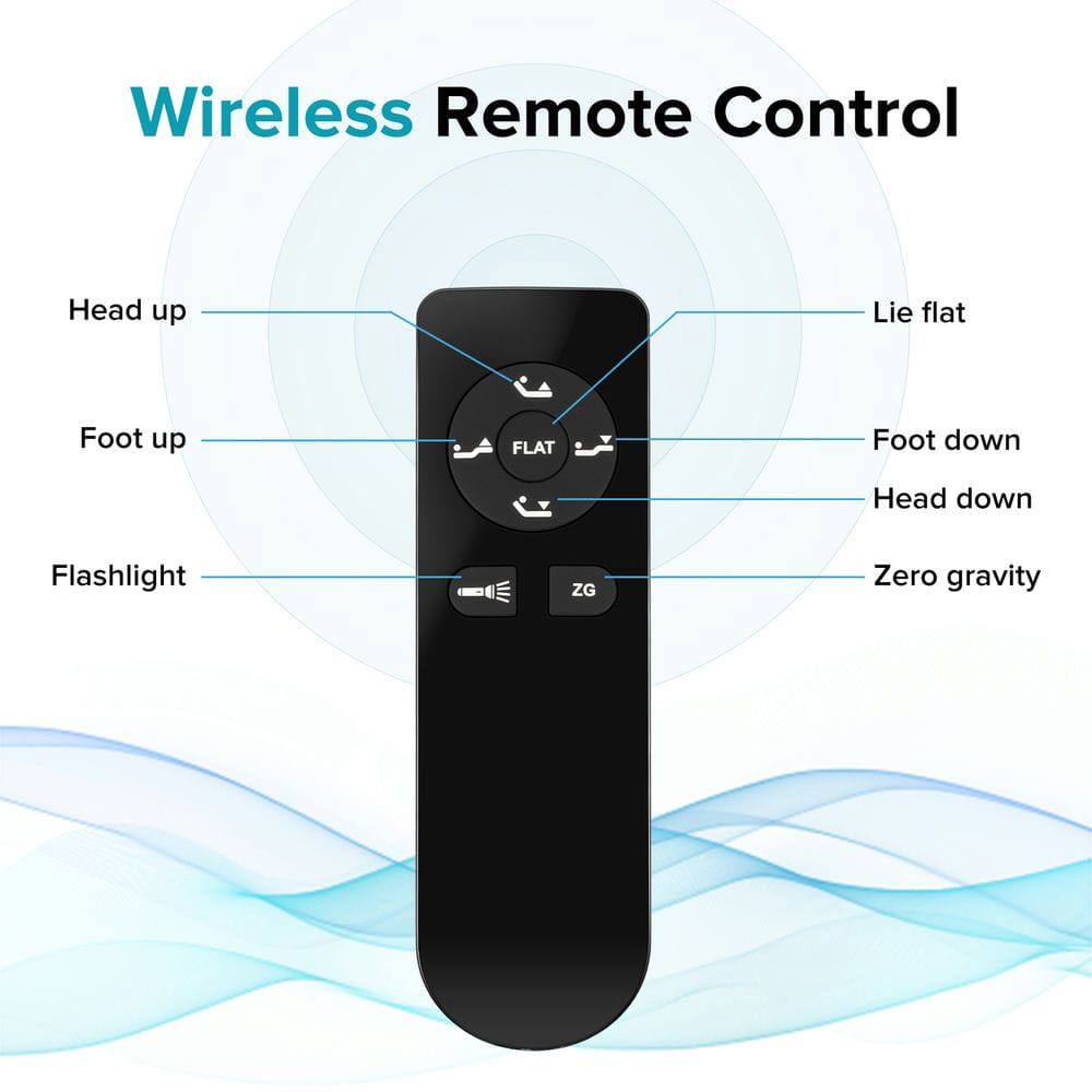 Wireless Remote Control

- Head up
- Foot up
- FLAT
- Lie flat
- Foot down
- Head down
- Flashlight
- Zero gravity (ZG)