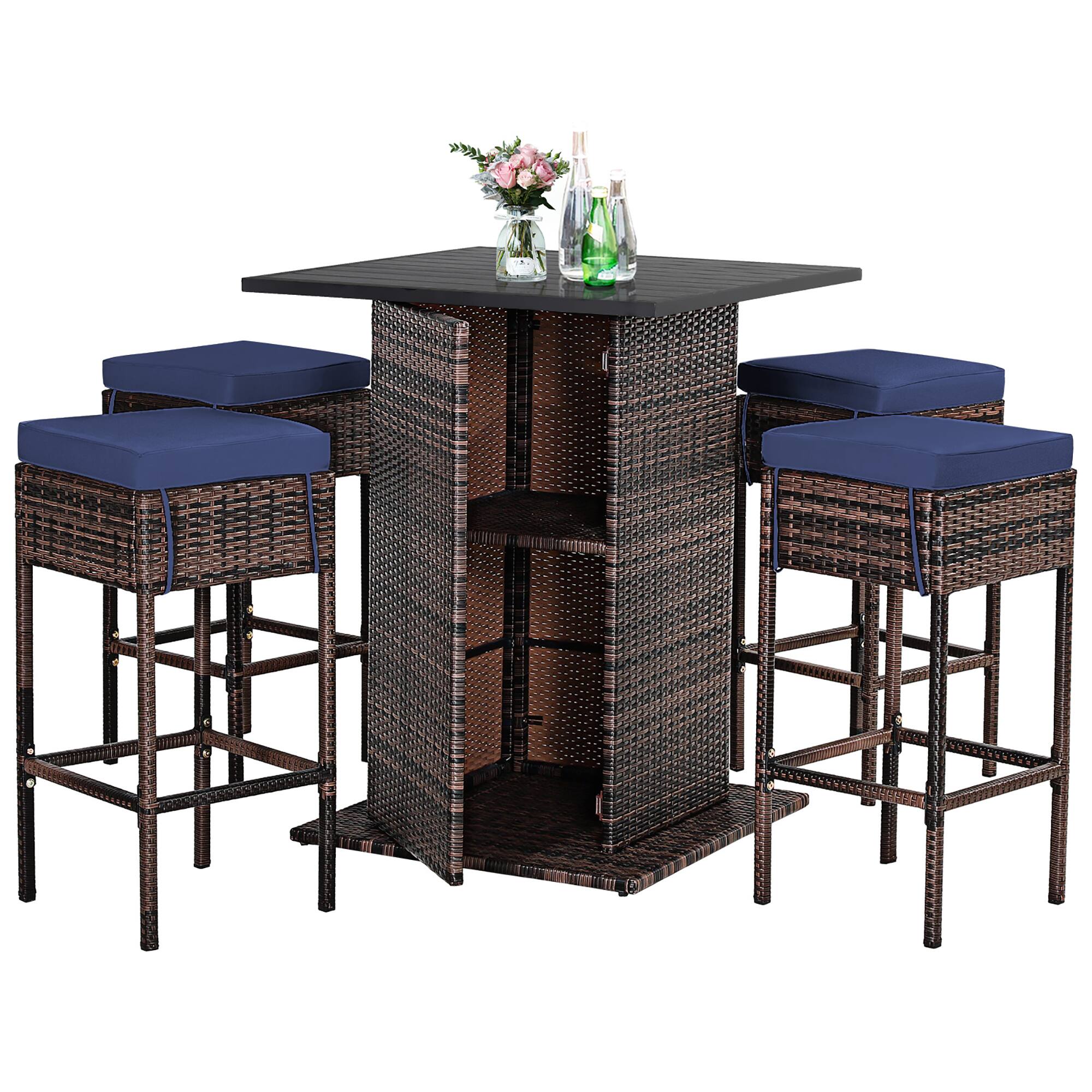 Alt View 7. Costway - Costway 5PCS Patio Rattan Bar Table Stool Set Hidden Storage Shelf Cushioned - Navy.
