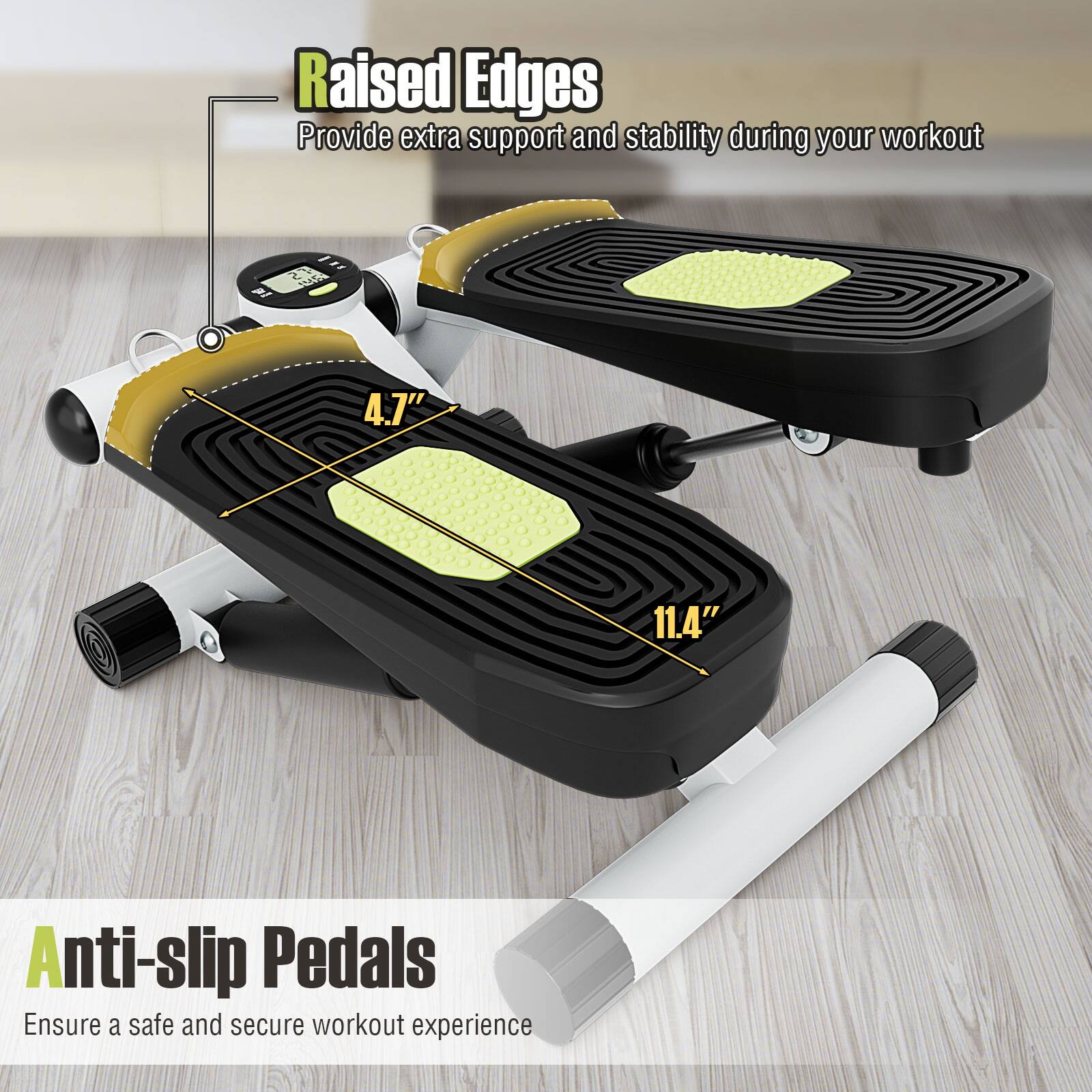 The text on the image reads: "Raised Edges Provide extra support and stability during your workout 4.7" 11.4" Anti-slip Pedals Ensure a safe and secure workout experience."