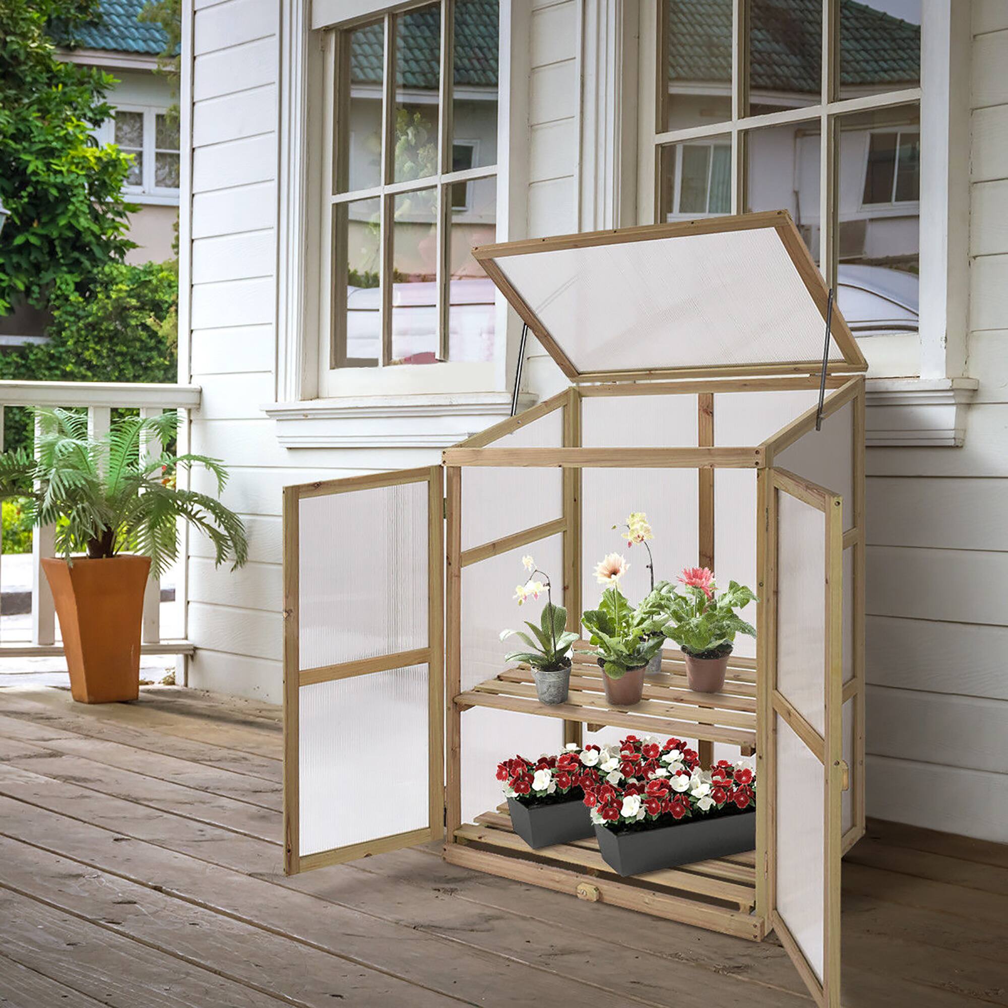 Alt View 3. Costway - Garden Portable Wooden GreenHouse Cold Frame Raised Plants Shelves Protection - Natural.