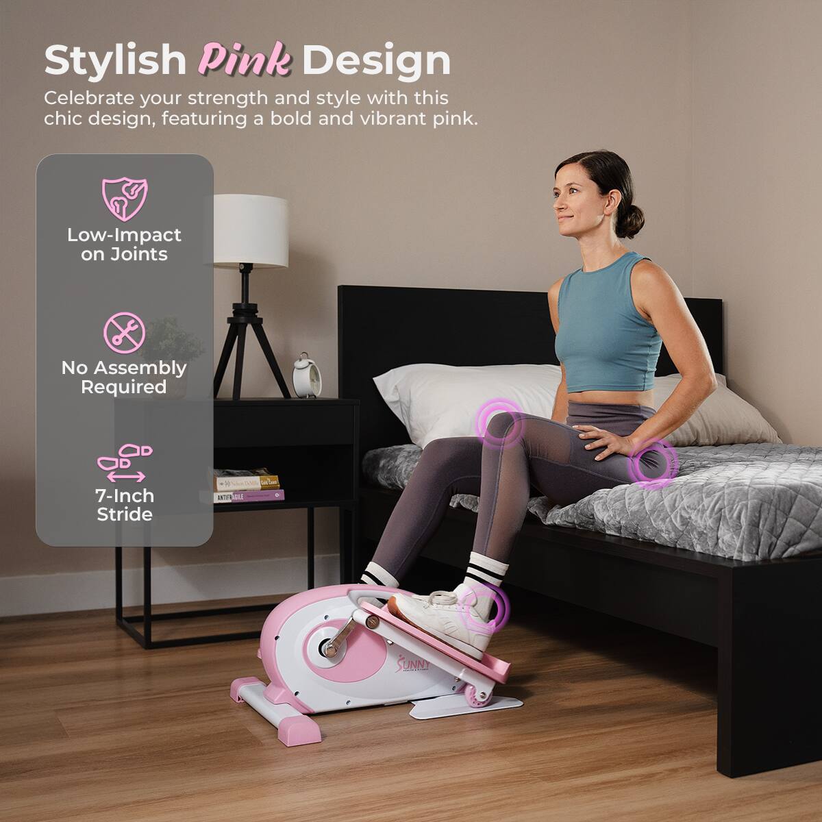 Stylish Pink Design, Celebrate your strength and style with this chic design, featuring a bold and vibrant pink. Low-Impact on Joints, No Assembly Required, 7-Inch Stride.