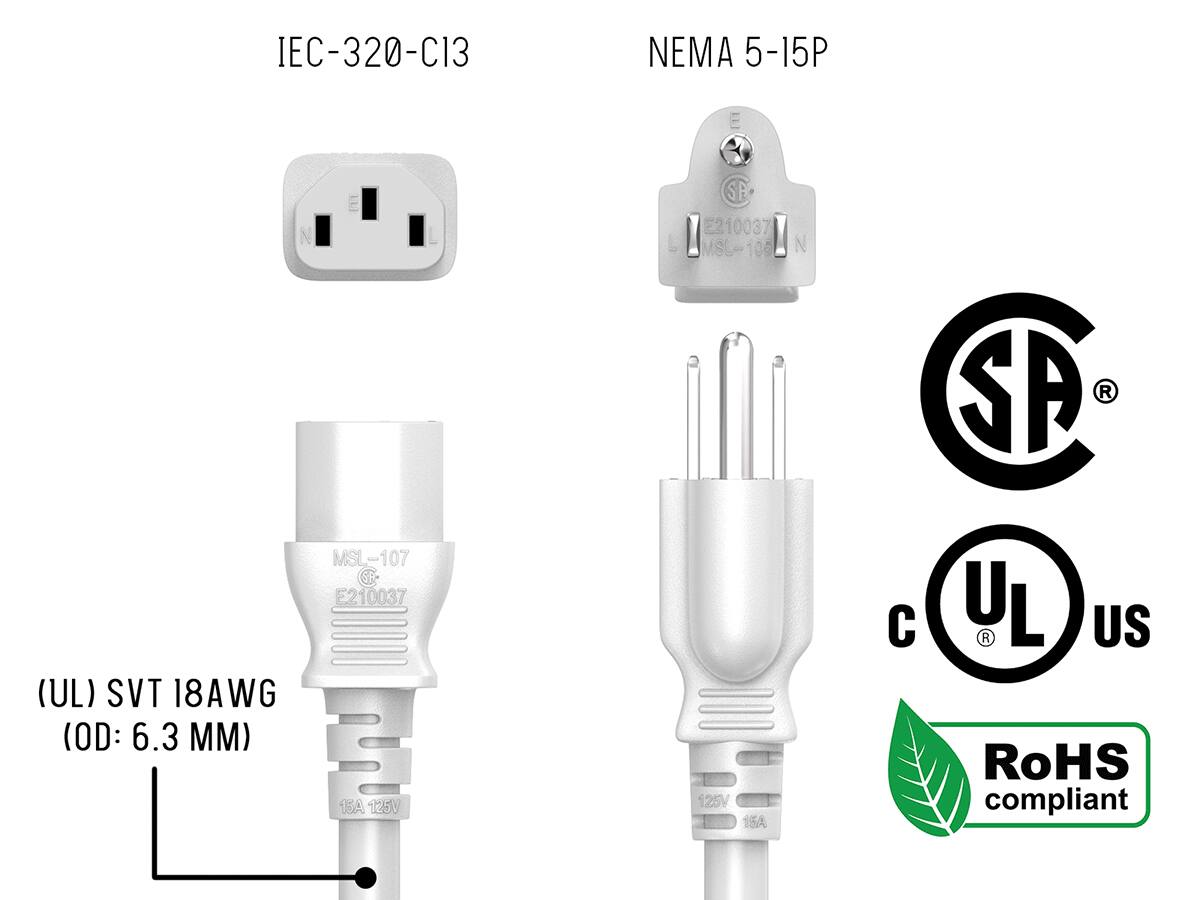 IEC-320-C13  
NEMA 5-15P  
(UL) SVT 18AWG (OD: 6.3 MM)  
MSL-107  
E210037  
13A 125V  
MSL-106  
125V  
RoHS compliant