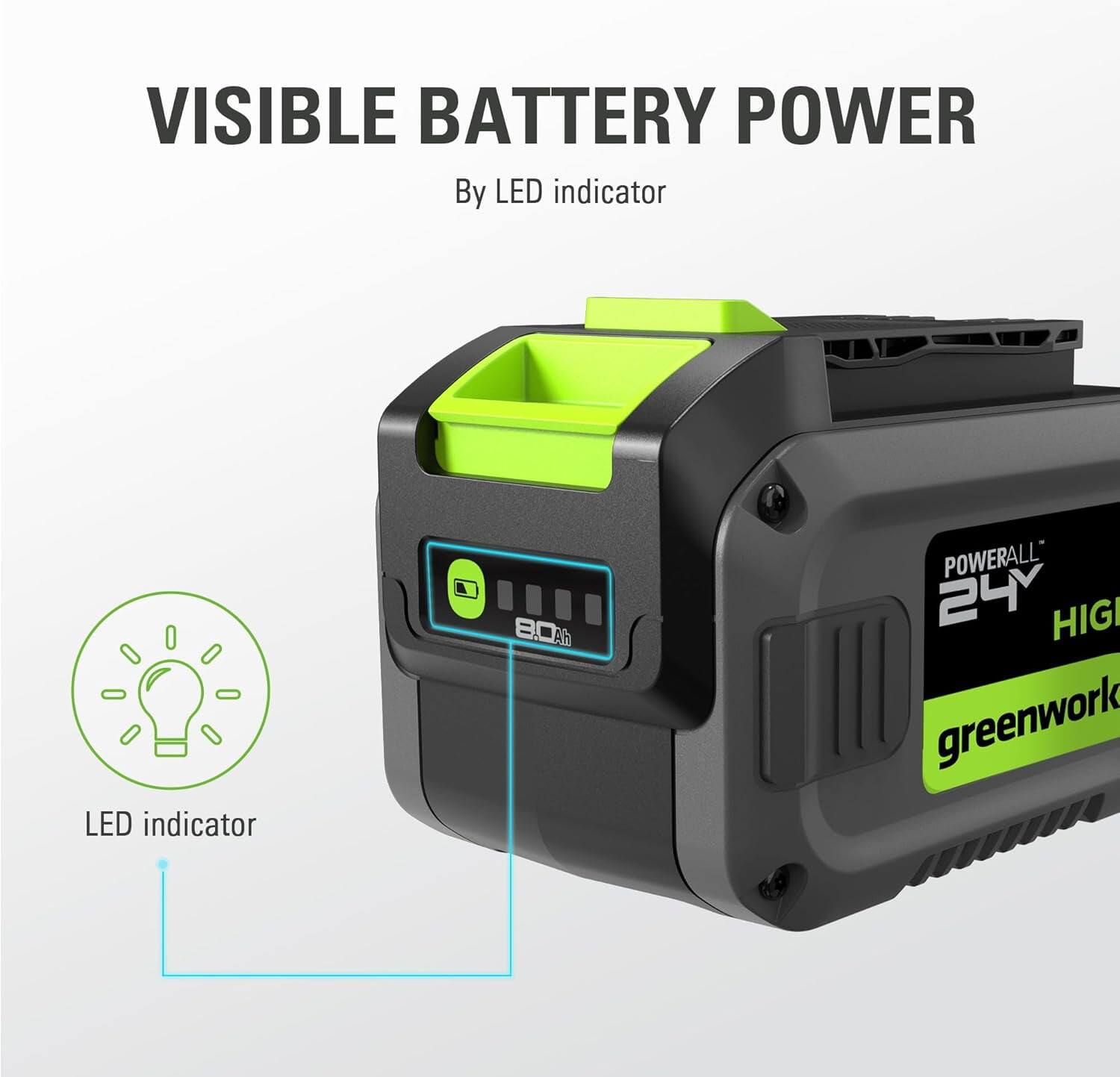 VISIBLE BATTERY POWER  
By LED indicator  

LED indicator  

POWERALL 24V  
HIGH  
greenwork  

8.0 Ah