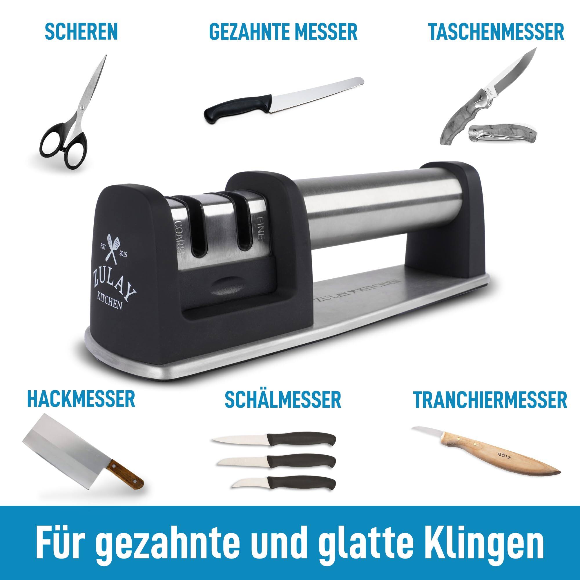 SCHEREN GEZAHNTE MESSER TASCHENMESSER HACKMESSER SCHÄLMESSER TRANCHIERMESSER  
2015 JULAY KITCHEN COVIST FINE AYO e  
Für gezähnte und glatte Klingen