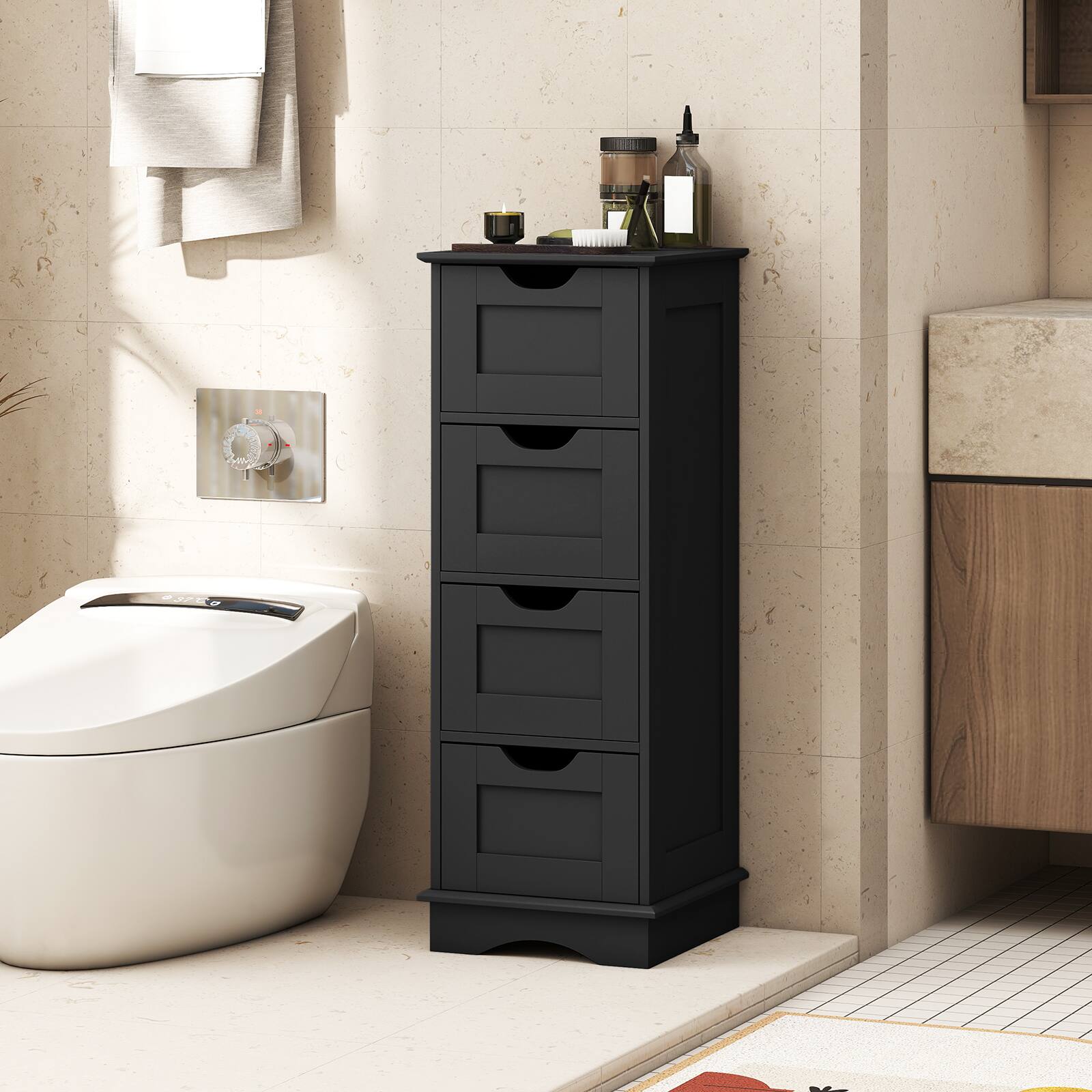 Alt View 3. Gymax - Gymax 4-Drawer Bathroom Cabinet w/Cut-out Handles Anti-toppling Device Narrow Entryway Black - Black.