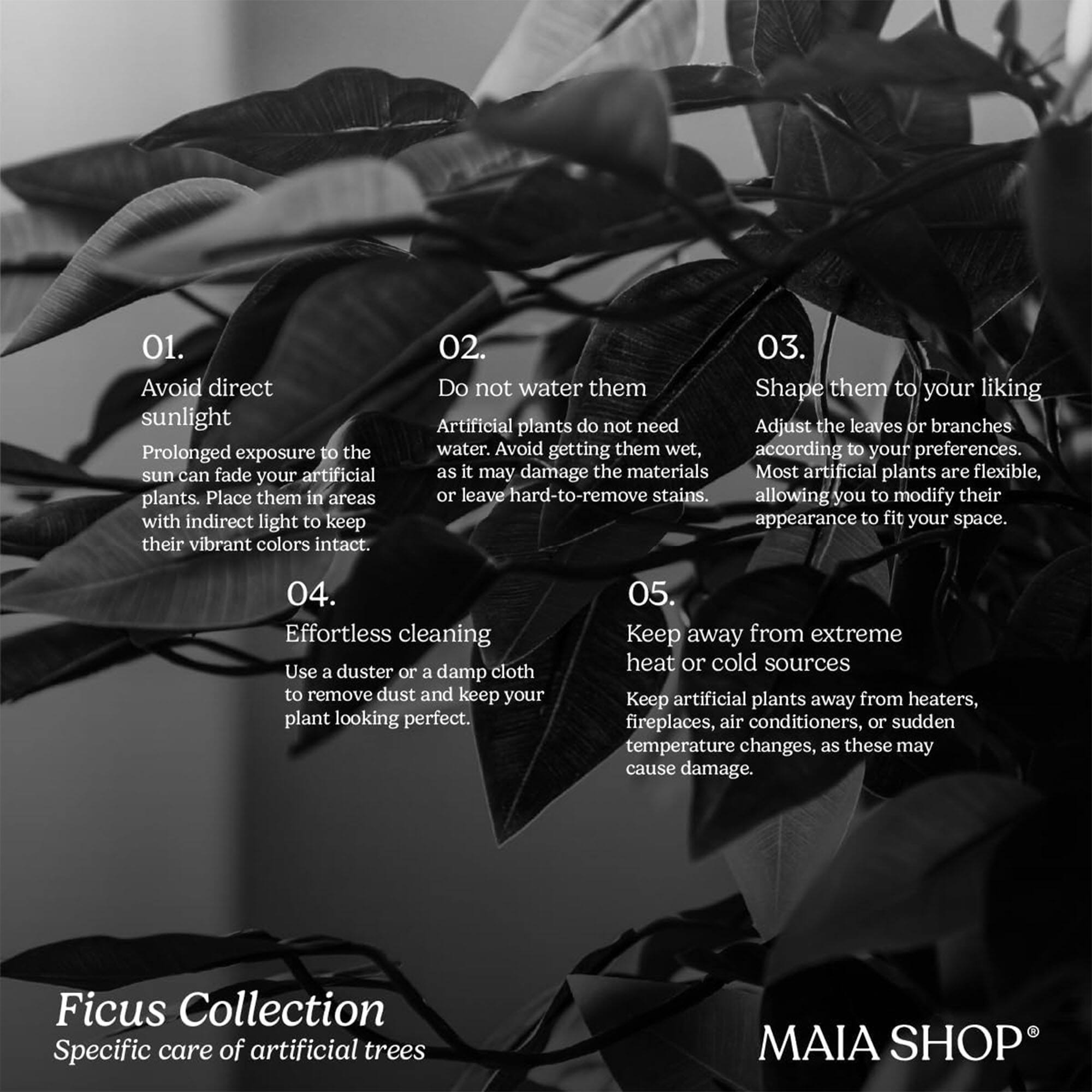 01. Avoid direct sunlight  
Prolonged exposure to the sun can fade your artificial plants. Place them in areas with indirect light to keep their vibrant colors intact.

02. Do not water them  
Artificial plants do not need water. Avoid getting them wet, as it may damage the materials or leave hard-to-remove stains.

03. Shape them to your liking  
Adjust the leaves or branches according to your preferences. Most artificial plants are flexible, allowing you to modify their appearance to fit your space.

04. Effortless cleaning  
Use a duster or a damp cloth to remove dust and keep your plant looking perfect.

05. Keep away from extreme heat or cold sources  
Keep artificial plants away from heaters, fireplaces, air conditioners, or sudden temperature changes, as these may cause damage.

Ficus Collection  
Specific care of artificial trees

MAIA SHOP