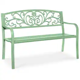 Best Choice Products - Outdoor Steel Bench Garden Patio Porch Furniture w/ Floral Design Backrest - Mint Green