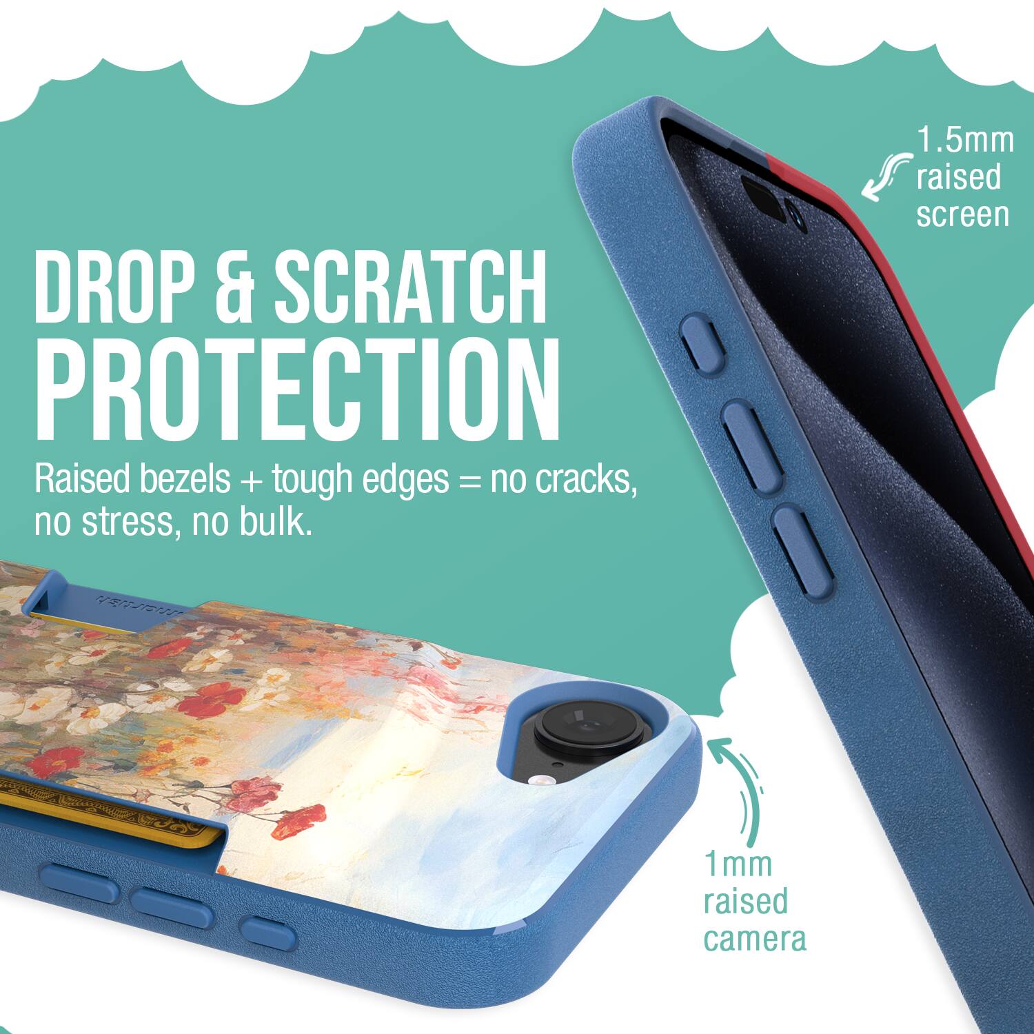 DROP & SCRATCH PROTECTION  
Raised bezels + tough edges = no cracks, no stress, no bulk.  
1.5mm raised screen  
1mm raised camera
