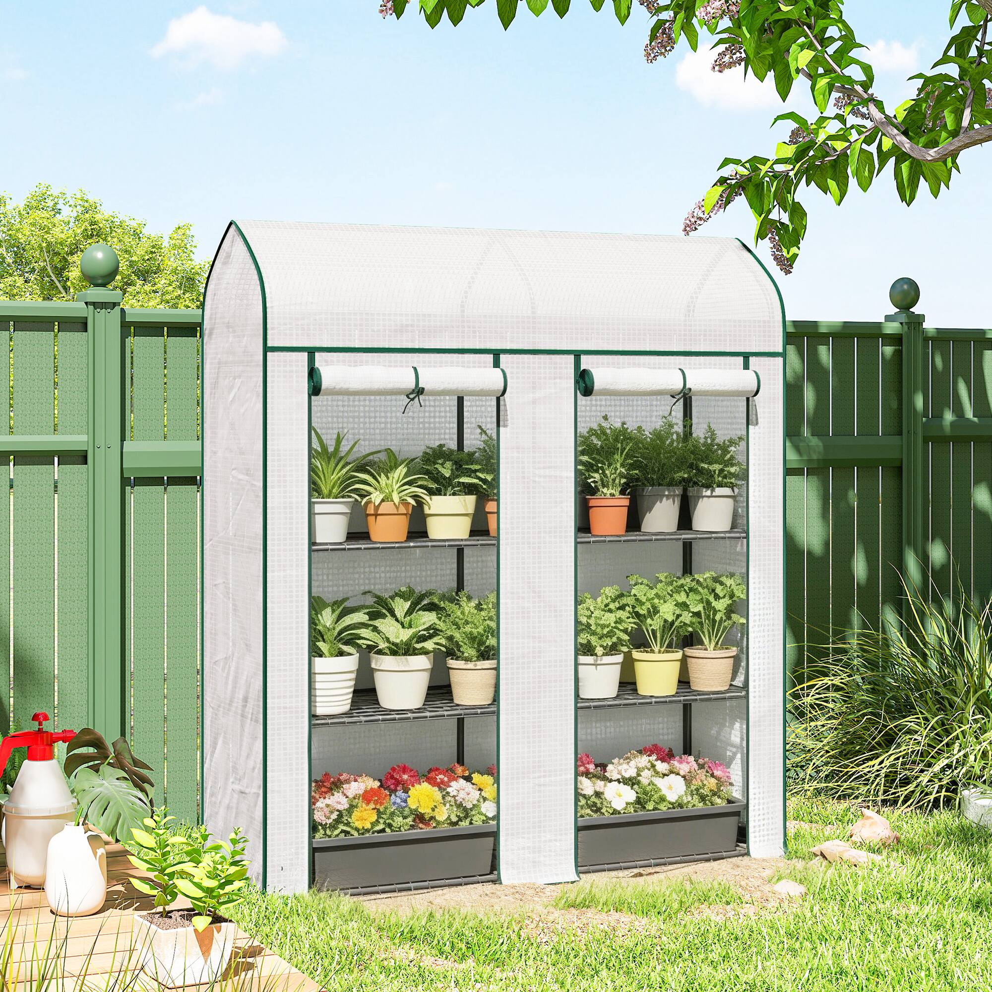 Alt View 1. Outsunny - Tier Mini Greenhouse, Small Portable Greenhouse with 2 Roll-up Doors - White.