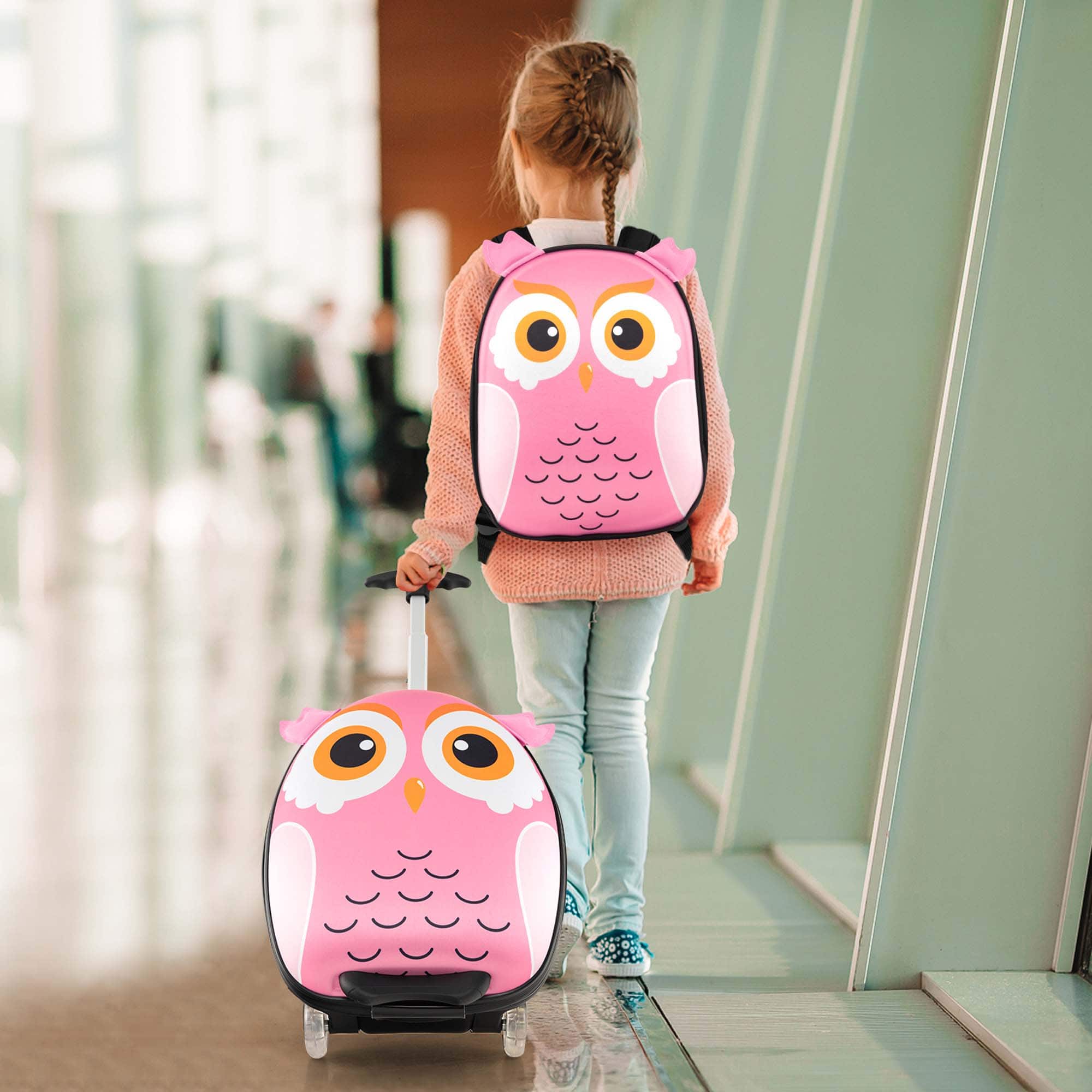 Costway 2PCS Kids Carry On Luggage Set 16'' Owl Rolling Suitcase with