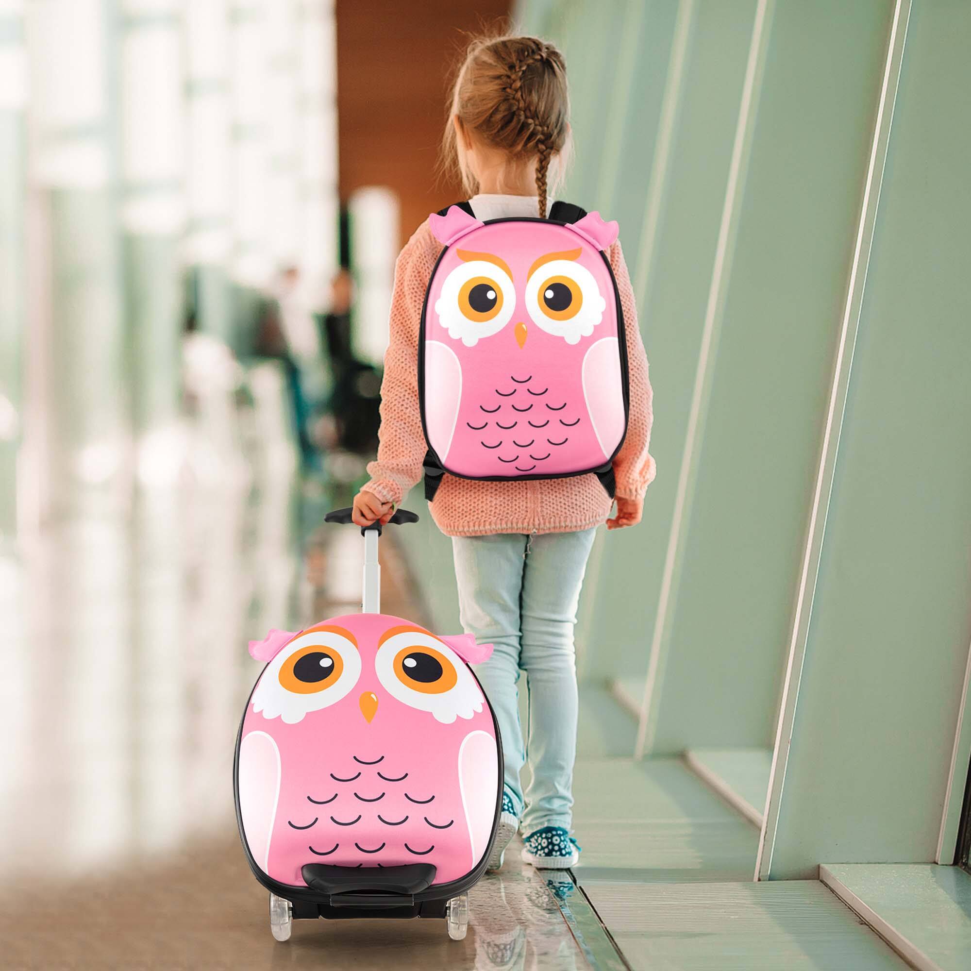 Alt View 11. Costway - 2PCS Kids Carry On Luggage Set 16'' Owl Rolling Suitcase with 12'' Backpack Travel Pink - Pink/Black.