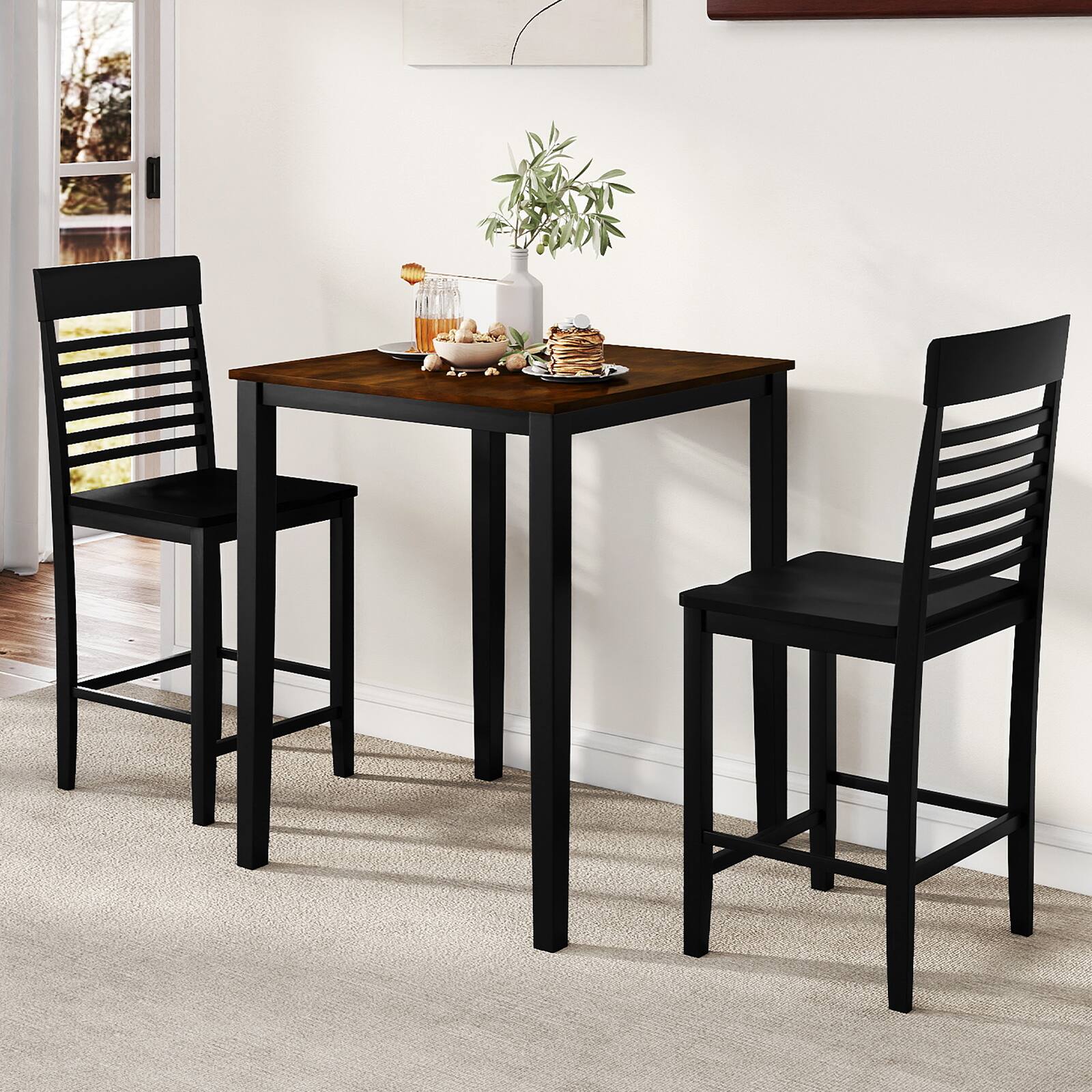 Alt View 1. Gymax - Gymax 3 PCS Counter-Height Dining Table Set for 2 Square Kitchen Table & 2 Bar Chairs - Black.