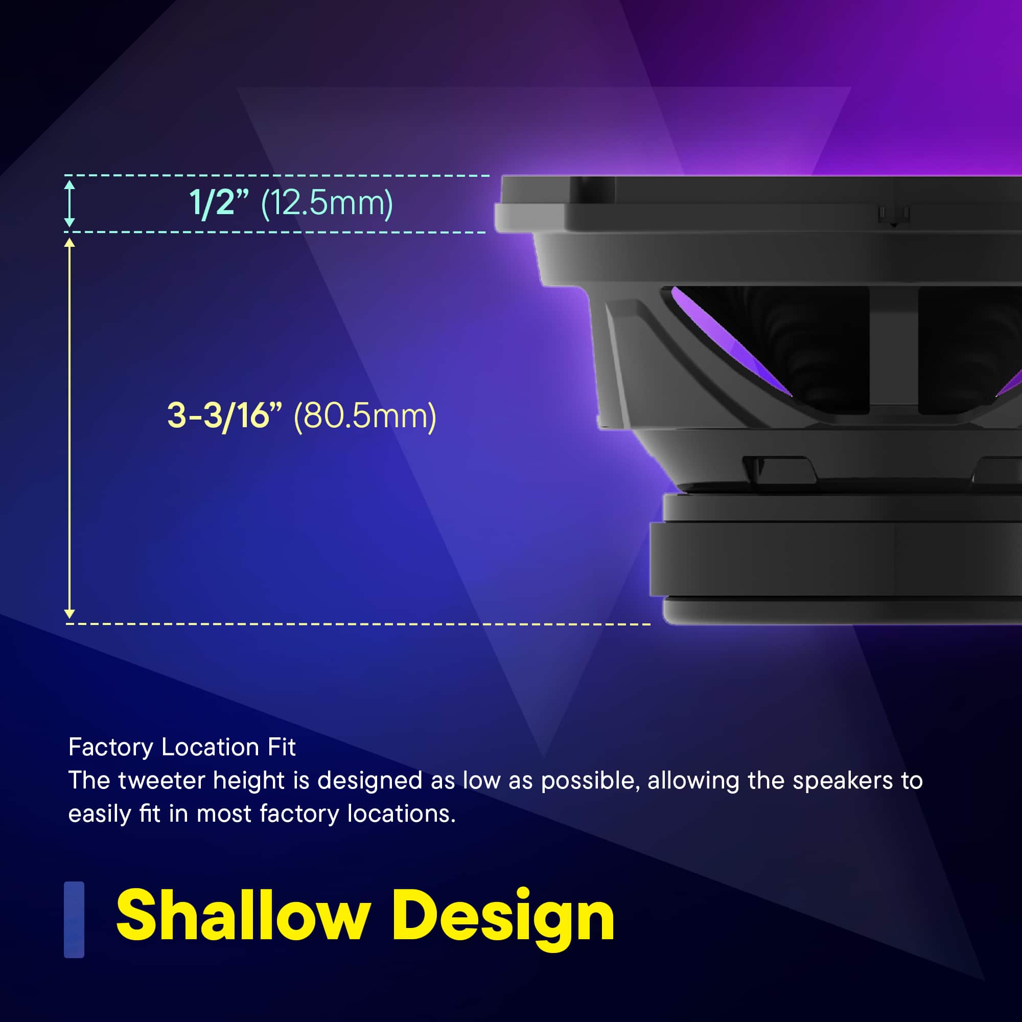 The image features a shallow design tweeter that is 1/2" (12.5mm) in size and 3-3/16" (80.5mm) in height. The tweeter is designed to easily fit in most factory locations, making it a practical choice for various settings.