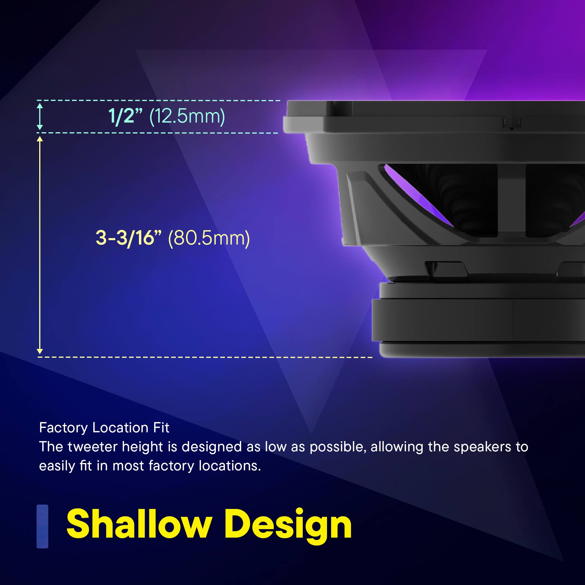 The image features a shallow design tweeter that is 1/2" (12.5mm) in size and 3-3/16" (80.5mm) in height. The tweeter is designed to easily fit in most factory locations, making it a practical choice for various settings.