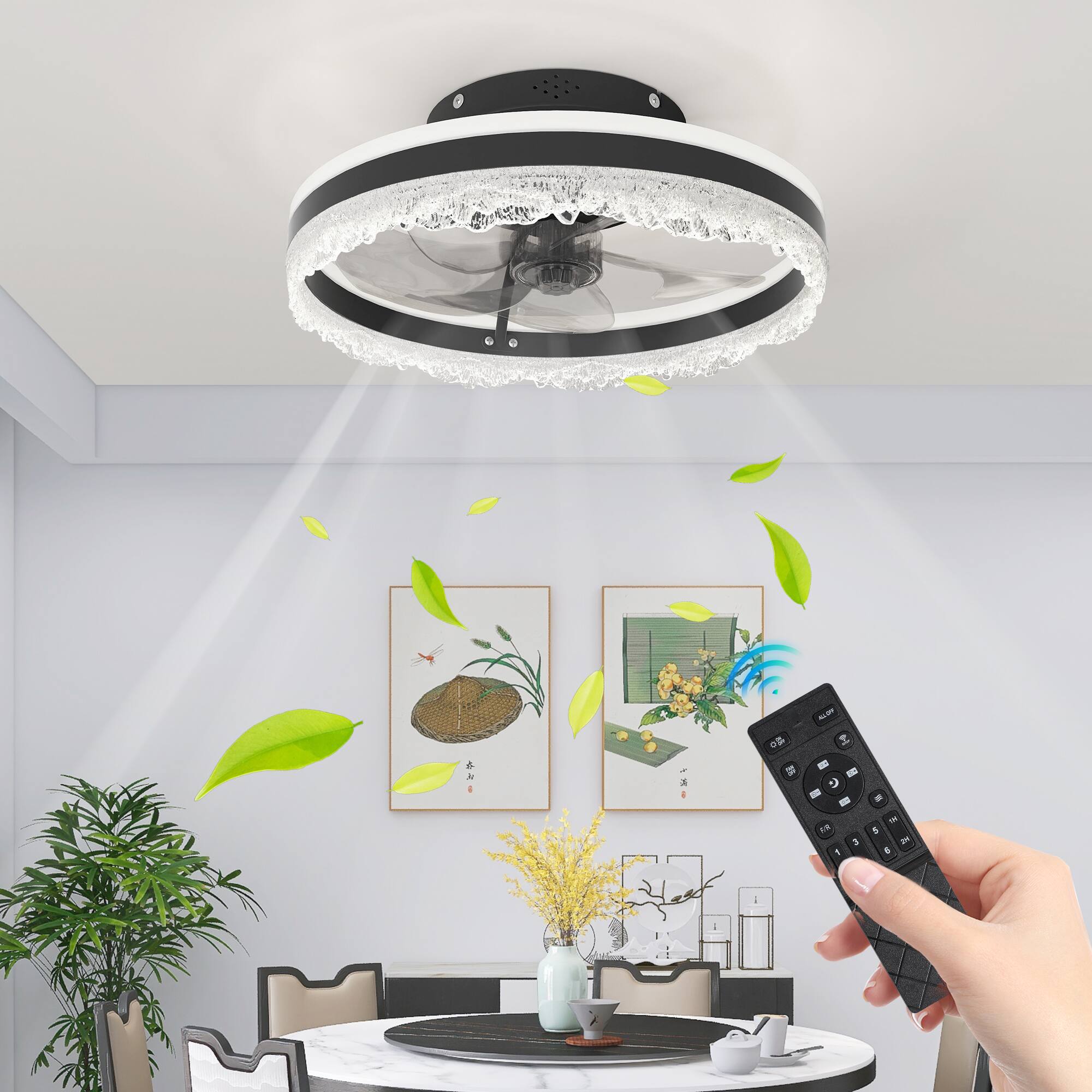 Angle. TinyHomie - 16 Quiet Ceiling Fan with Light LED Crystal Flush Mount Fan Lamp with Hidden Blades.