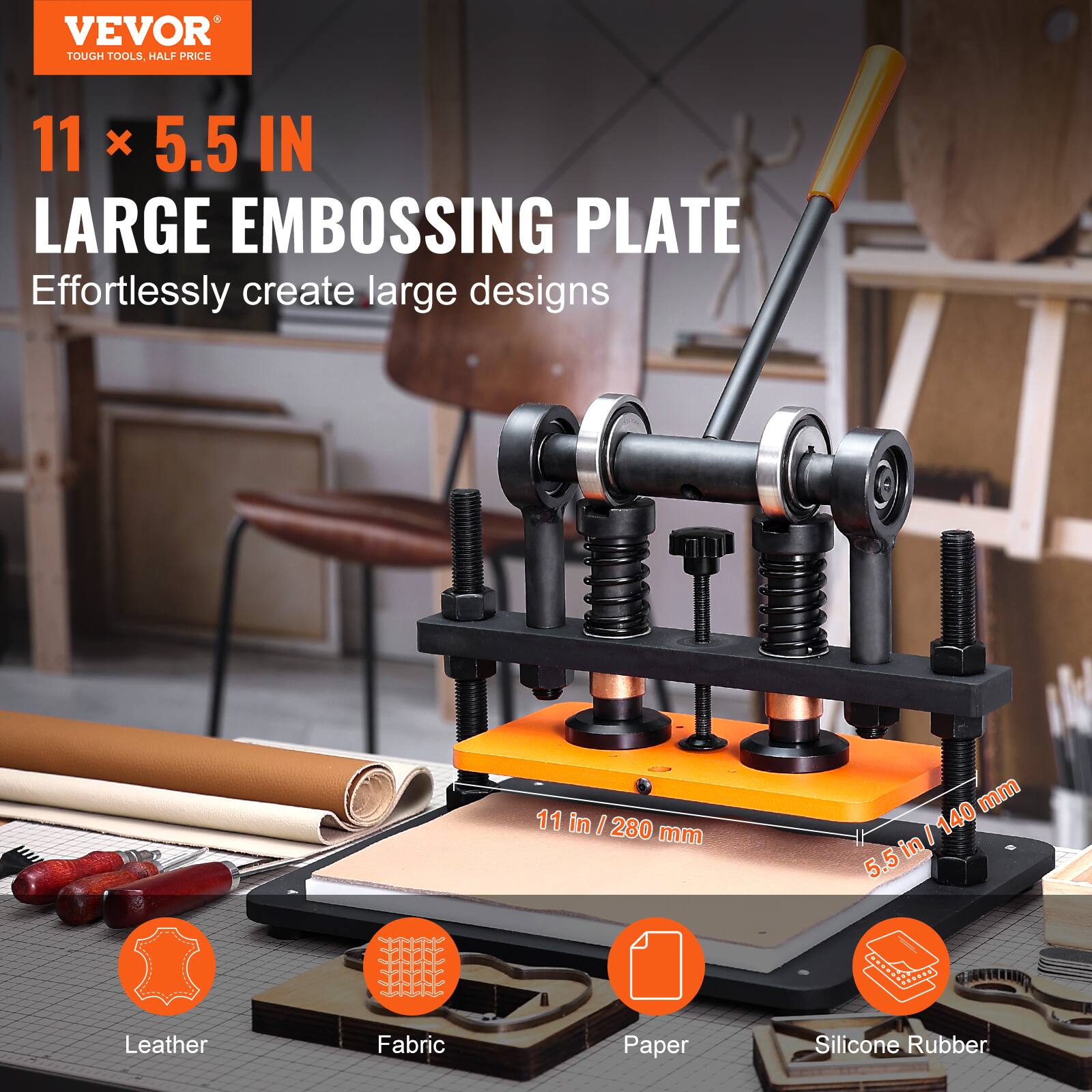 VEVOR TOUGH TOOLS, HALF PRICE

11 x 5.5 IN LARGE EMBOSHING PLATE
Effortlessly create large designs

11 in / 280 mm
5.5 in / 140 mm

Leather
Fabric
Paper
Silicone Rubber