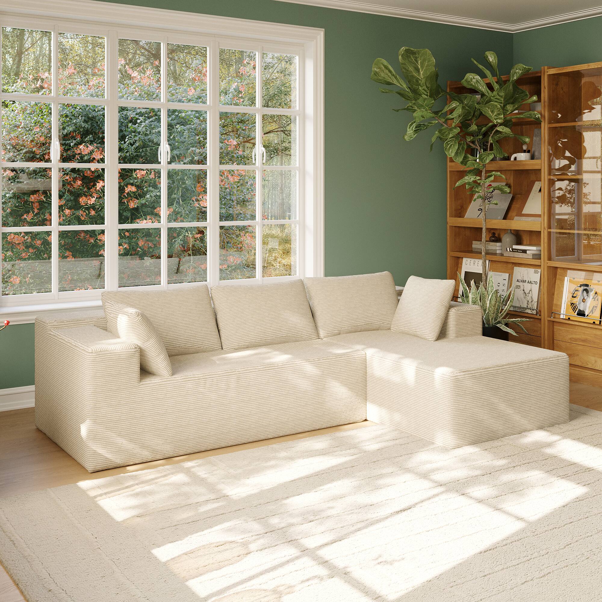 Front. FUFU&GAGA - Beige Corduroy L-Shaped Sectional Sofa with Chaise, High-Resilience Foam Cushions and Throw Pillows - Beige.