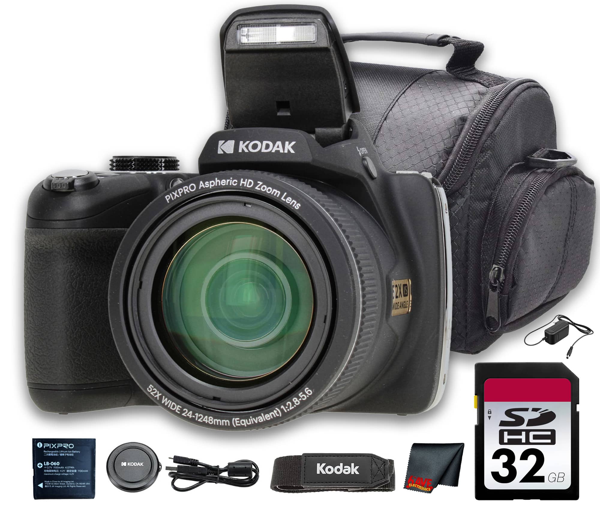 Kodak - PIXPRO AZ528 Digital Camera (Black) (AZ528BK) + 32GB Card + Bag + Cloth