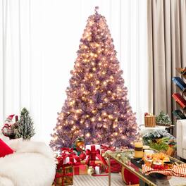 Gymax - 7.5 FT Pre-Lit Tinsel Christmas Tree Artificial Xmas Tree w/ 1300 Lush Branch Tips - Purple