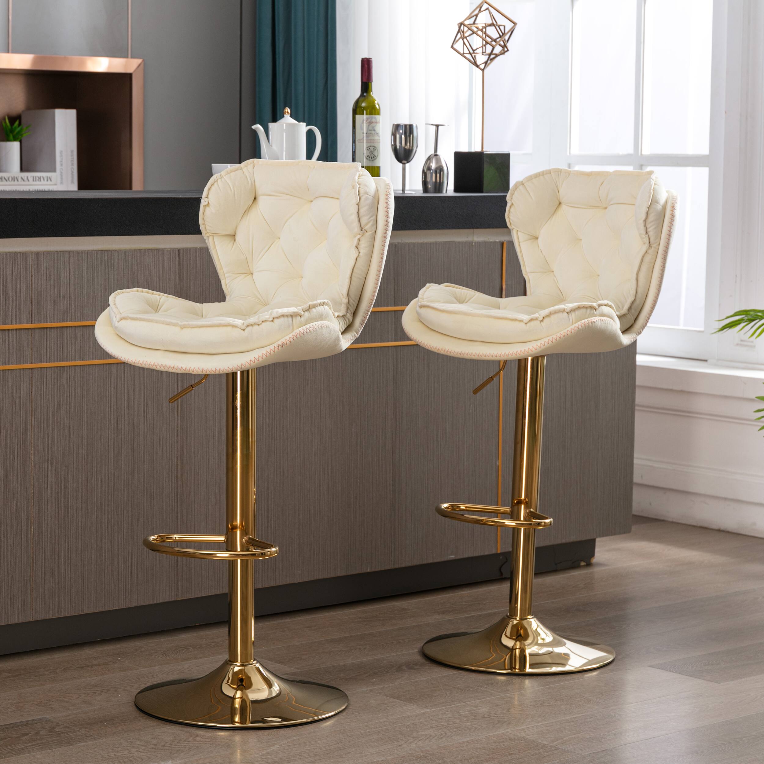 Back. APRILSOUL - Set of 2 Bar Stools Chrome Footrest Base Swivel Height Adjustable Velvet Golden Leg cream - Cream.