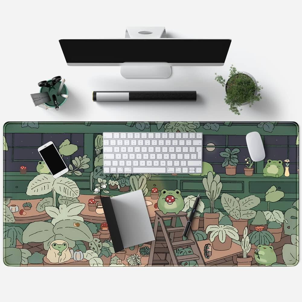 Alt View 1. Earthley Blooms - Cute Frog Green Desk Decor Mat Large Gaming Mouse Pad For Computer Laptop Home Office Accessories Girl - Dark Plants.