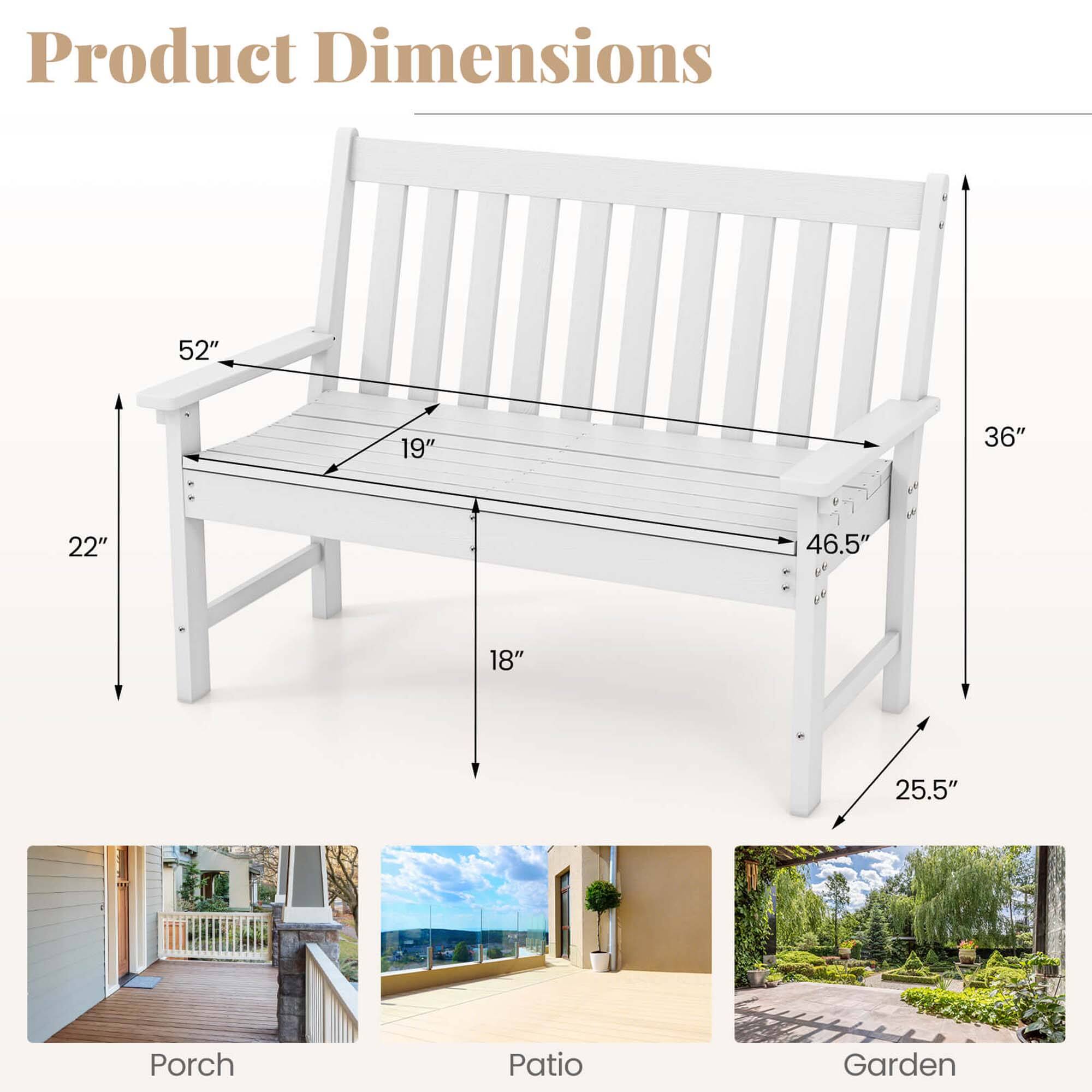 Product Dimensions: 52", 19", 36", 22", 46.5", 18", 25.5"

Usage: Porch, Patio, Garden