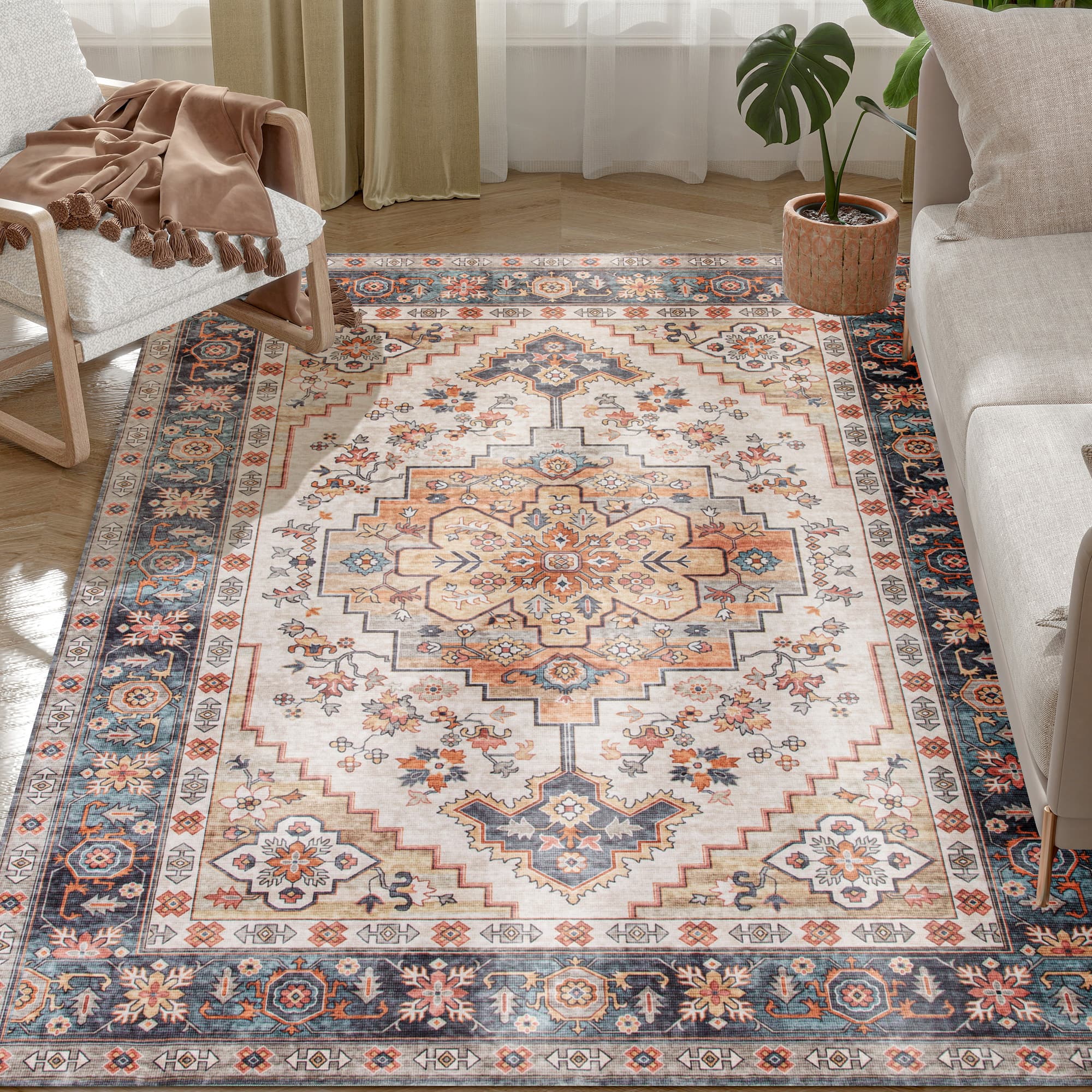 Homcom - Washable Area Rug 4'x6', Vintage Distressed Carpet, Floral Print - Tawny brown