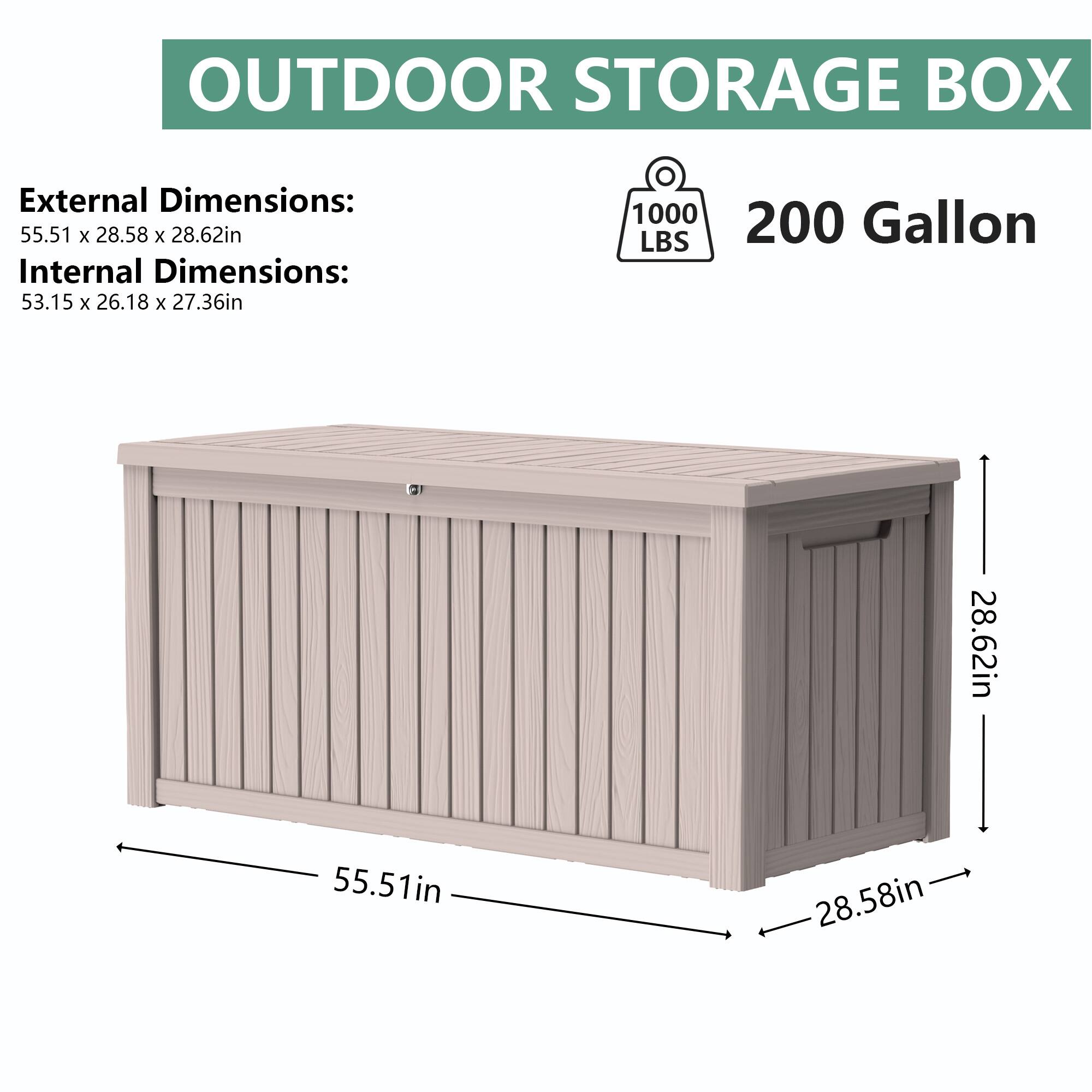 OUTDOOR STORAGE BOX

External Dimensions: 55.51 x 28.58 x 28.62in  
Internal Dimensions: 53.15 x 26.18 x 27.36in

1000 LBS  
200 Gallon

55.51in  
28.58in  
28.62in