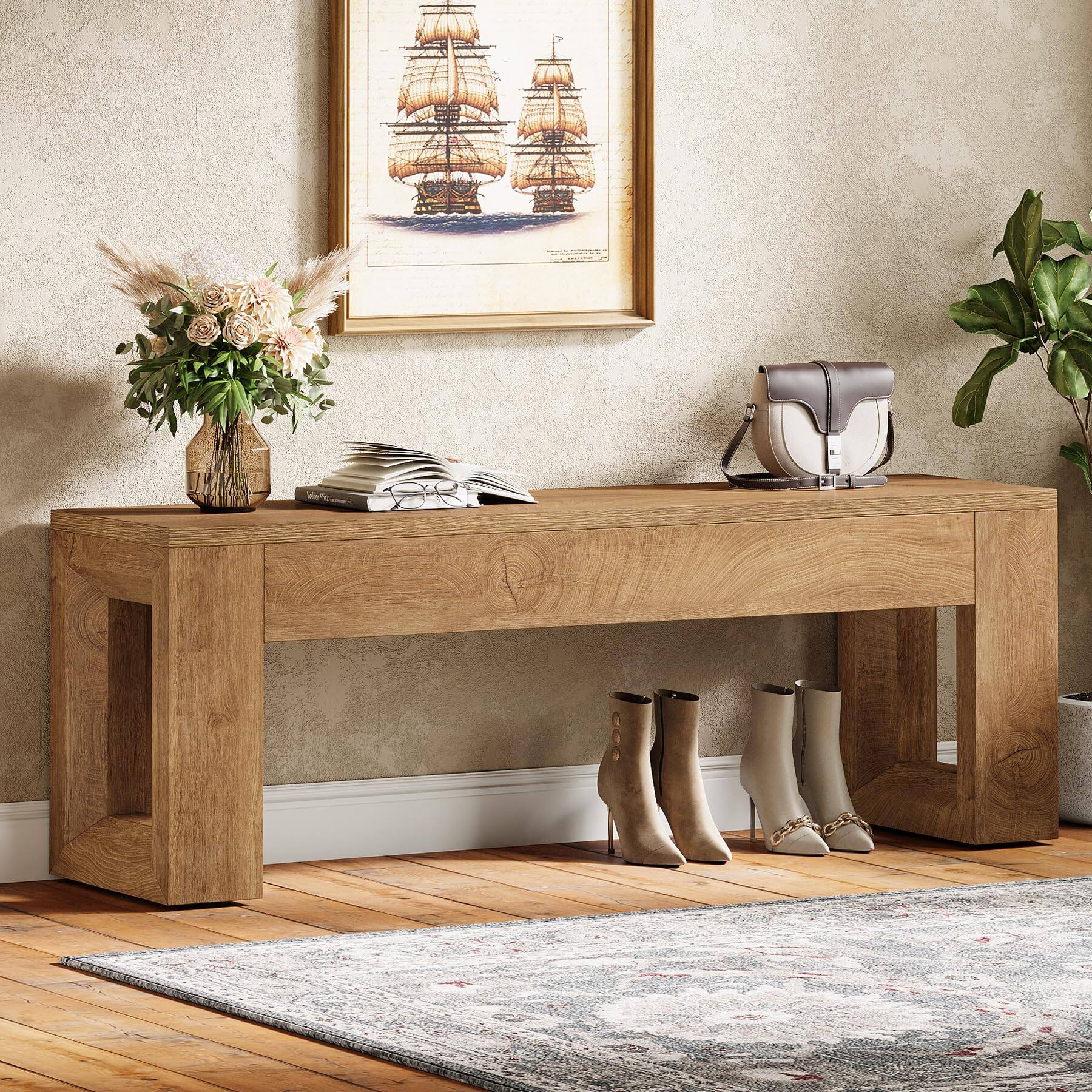 Alt View 5. Tribesigns - 47" Entryway Bench, Farmhouse Long Bench Seat for Dining Room, Living Room, Entryway, Hallway, Natural Wood Color - Wood Color.
