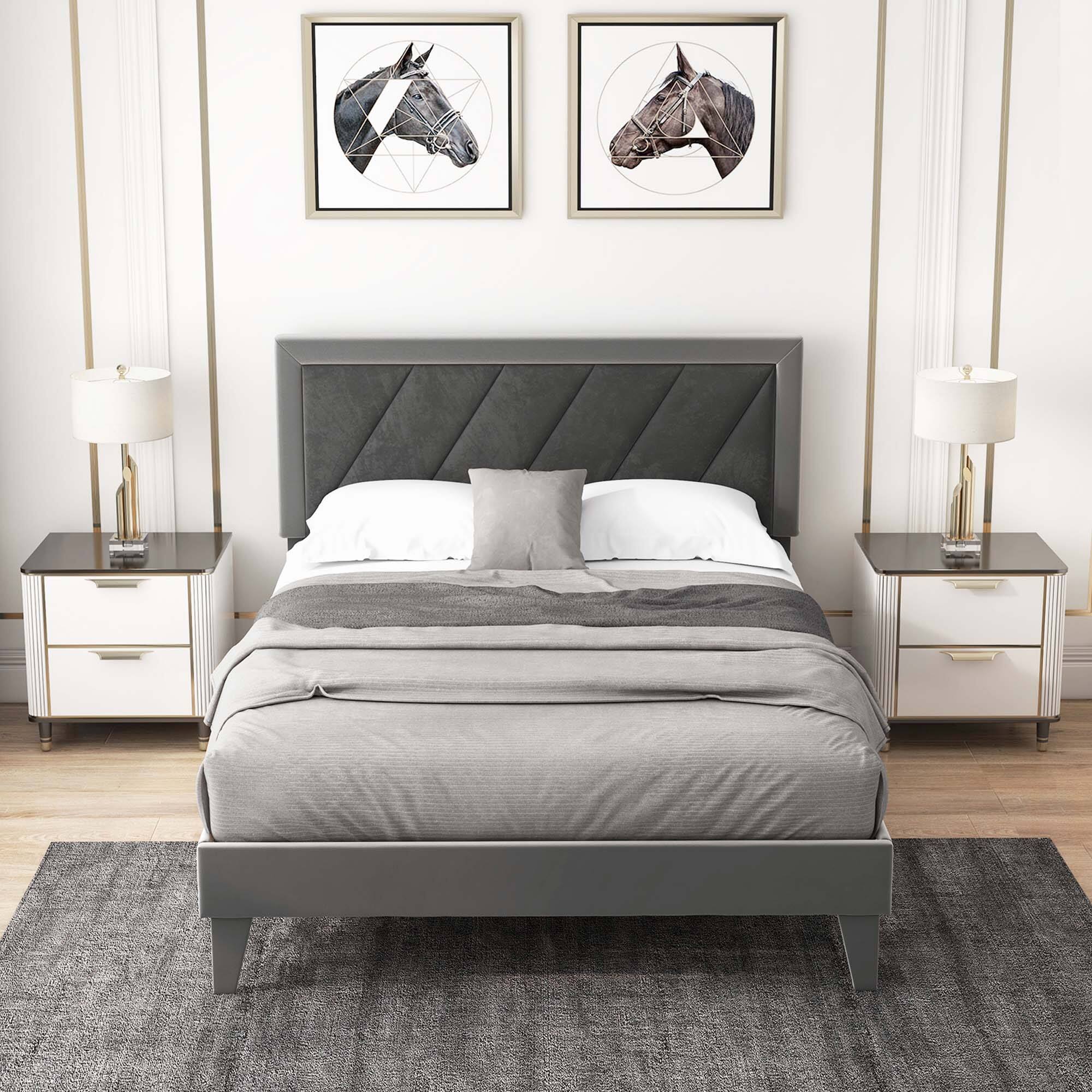 Alt View 8. Costway - Costway Full Size Bed Frame Upholstered Platform Velvet Headboard Wooden Slats - Gray.