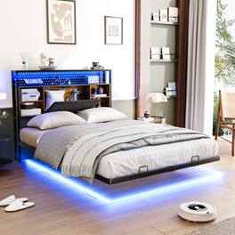 Winado - Full Size Versatile Metal Bed Frame with Charging Station, LED Lights,Hidden Storage Headboard,No Box Spring Needed - Industrial Brown