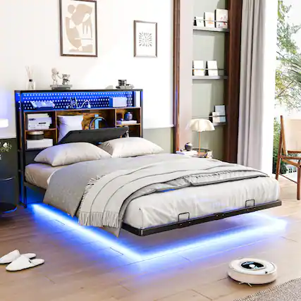 Front. Winado - Full Size Versatile Metal Bed Frame with Charging Station, LED Lights,Hidden Storage Headboard,No Box Spring Needed - Industrial Brown.