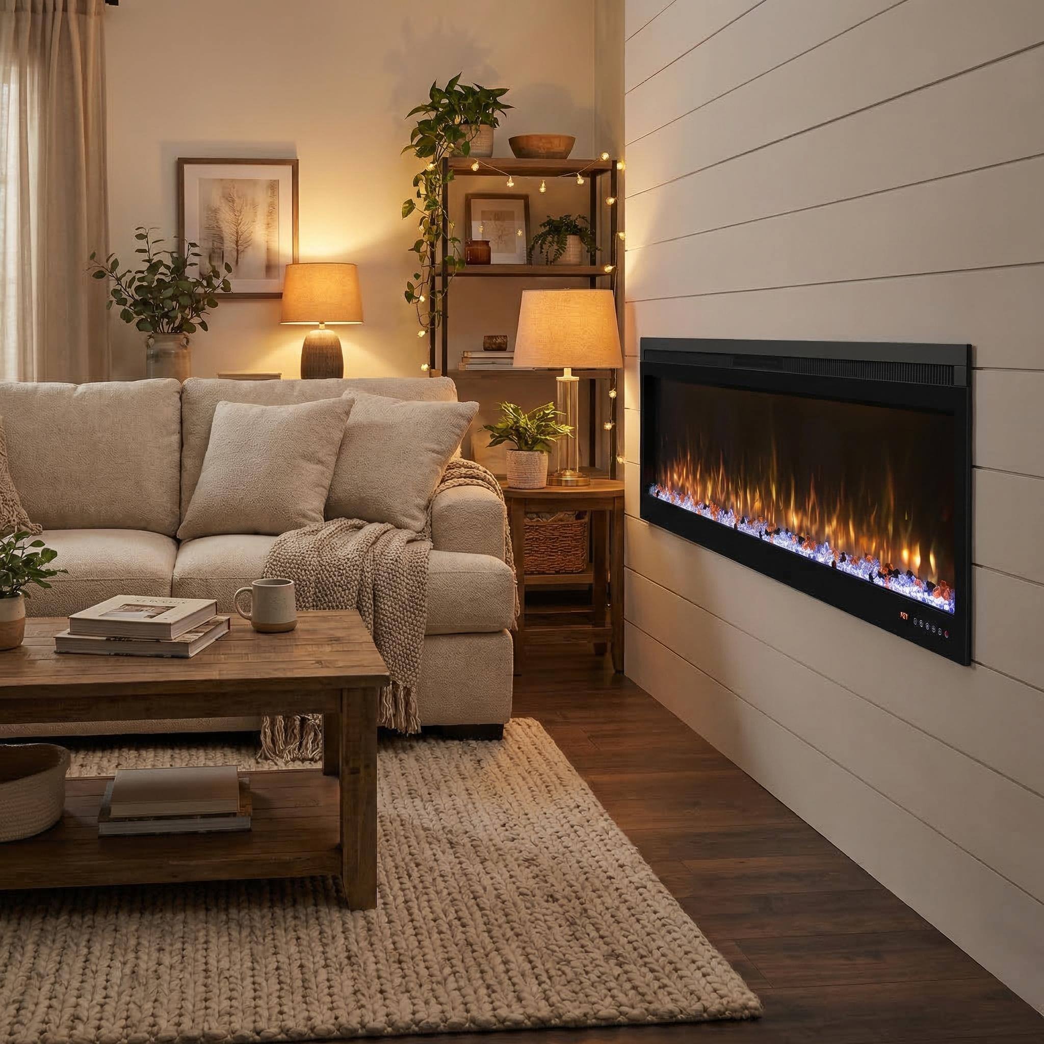 Left. Mondawe - 72" Linear Recessed-in Electric Fireplace with Remote Control, Adjustable Heat & Timer - Black.